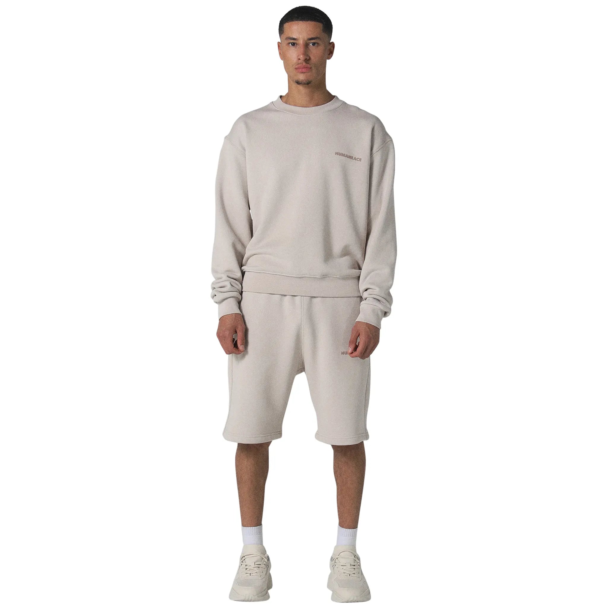 Model male front view of Human Race Stars Deep Taupe Shorts