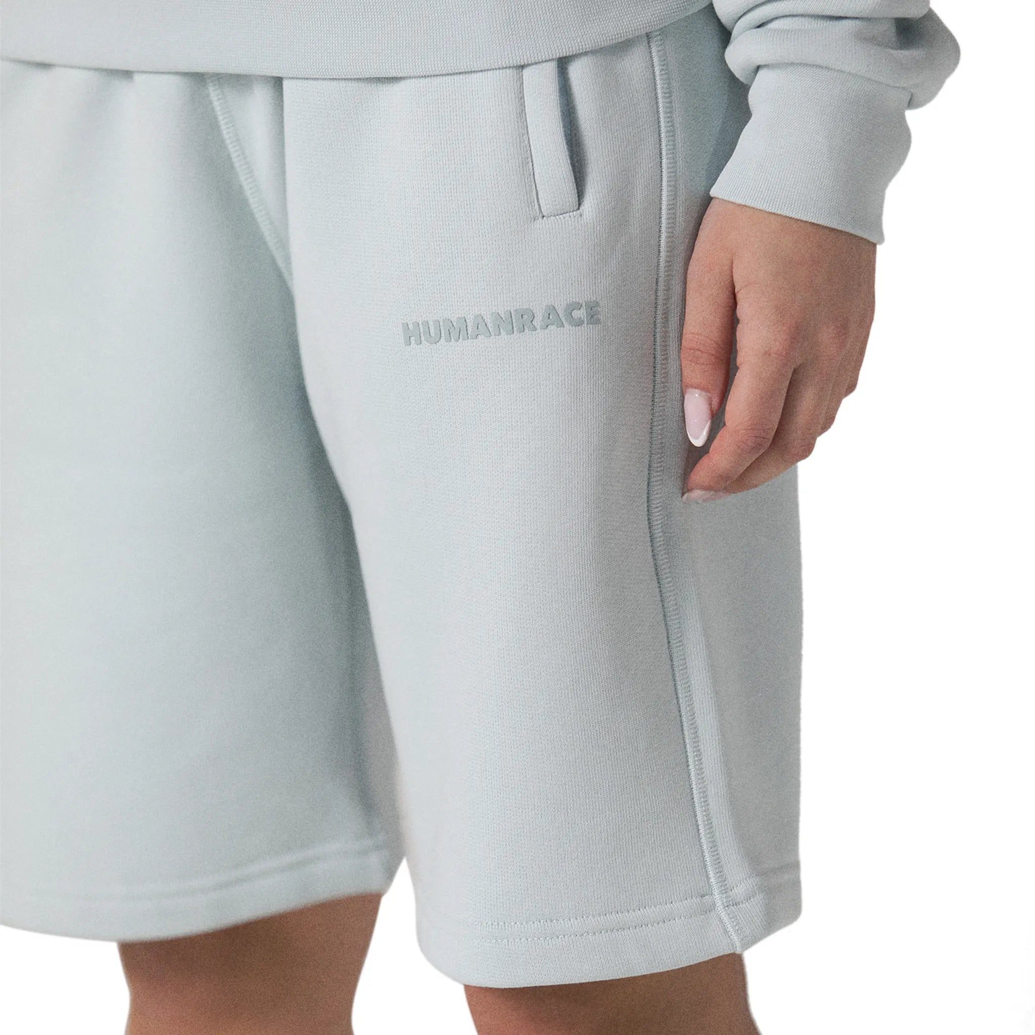 Model logo view of Human Race Stars Soft Blue Shorts