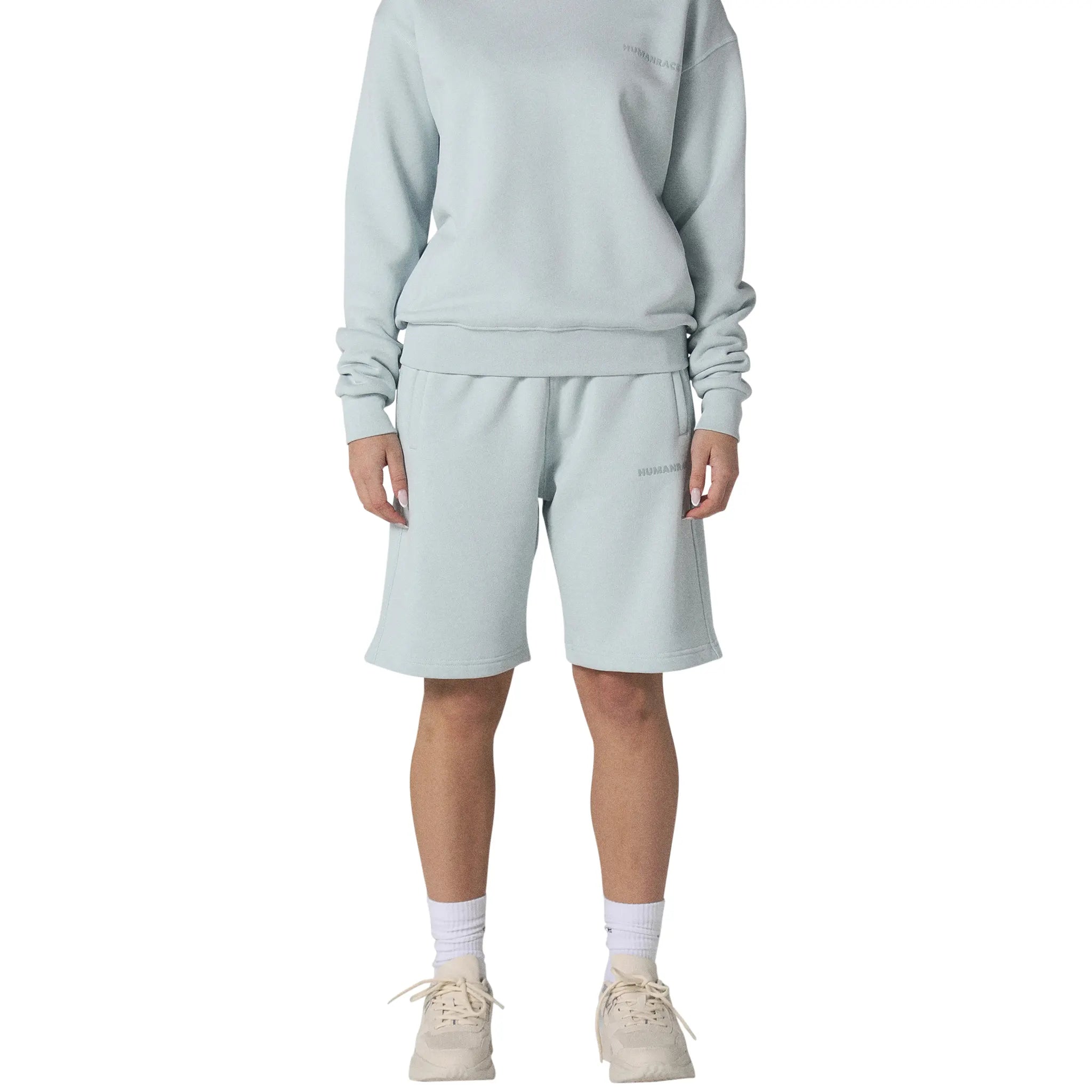 Model front view of Human Race Stars Soft Blue Shorts