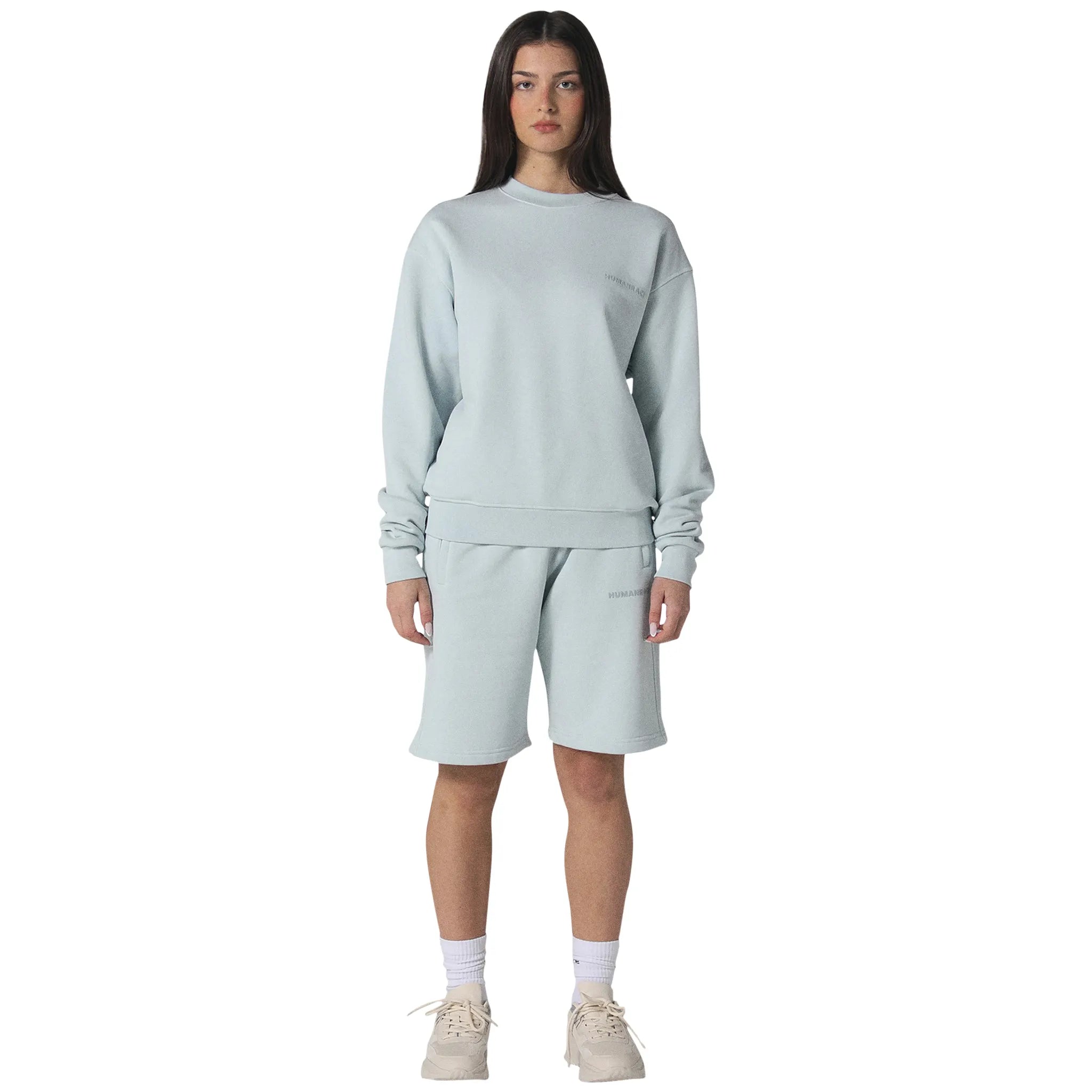 Model front view of Human Race Stars Soft Blue Shorts