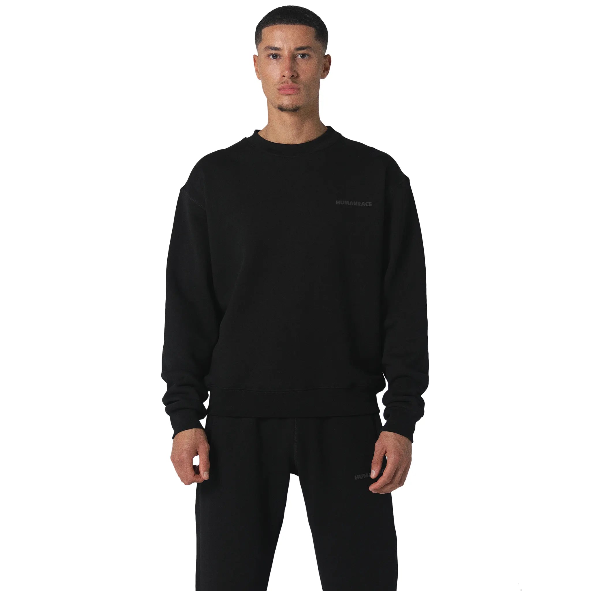 Model front view of Human Race World Black Sweatshirt