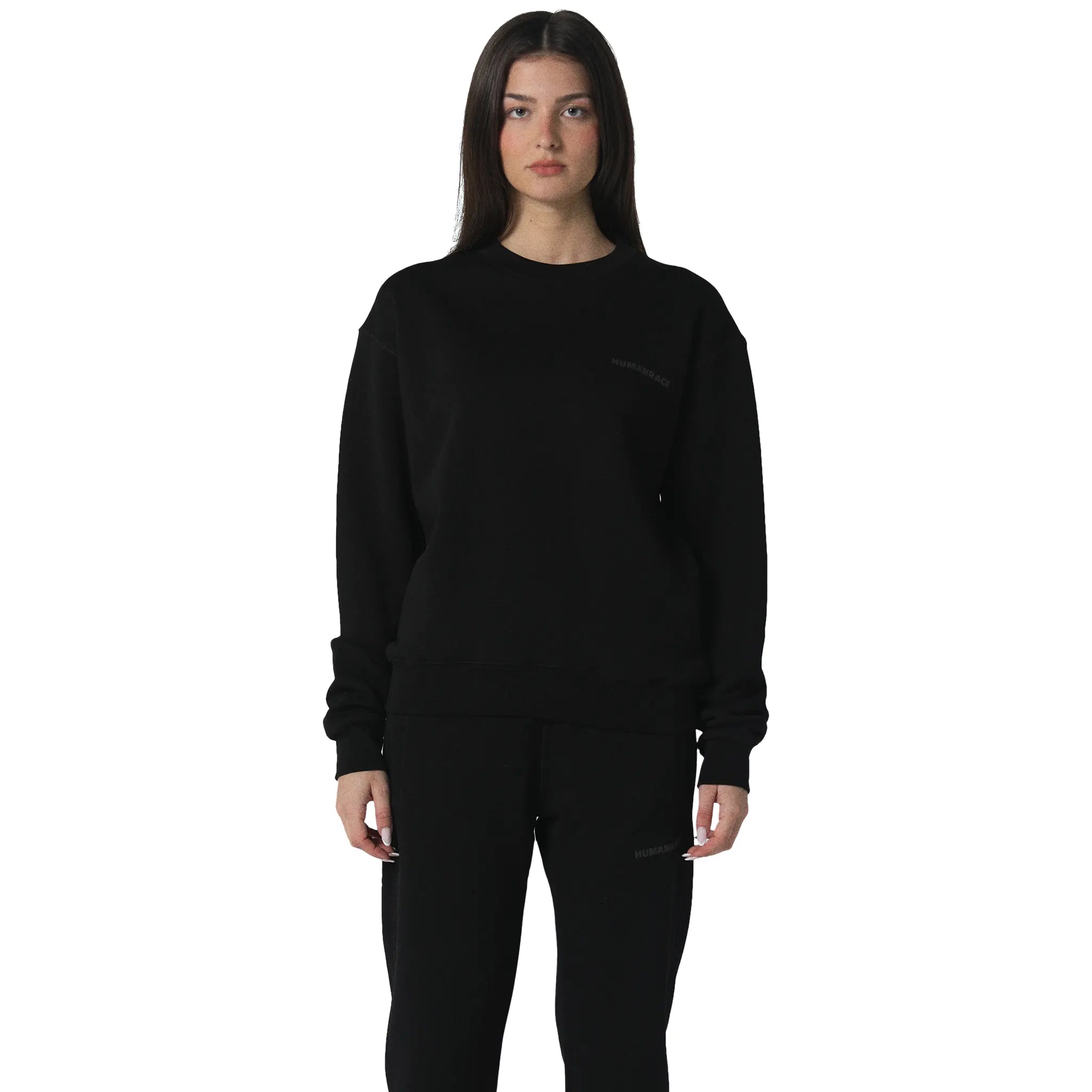 Model front view of Human Race World Black Sweatshirt