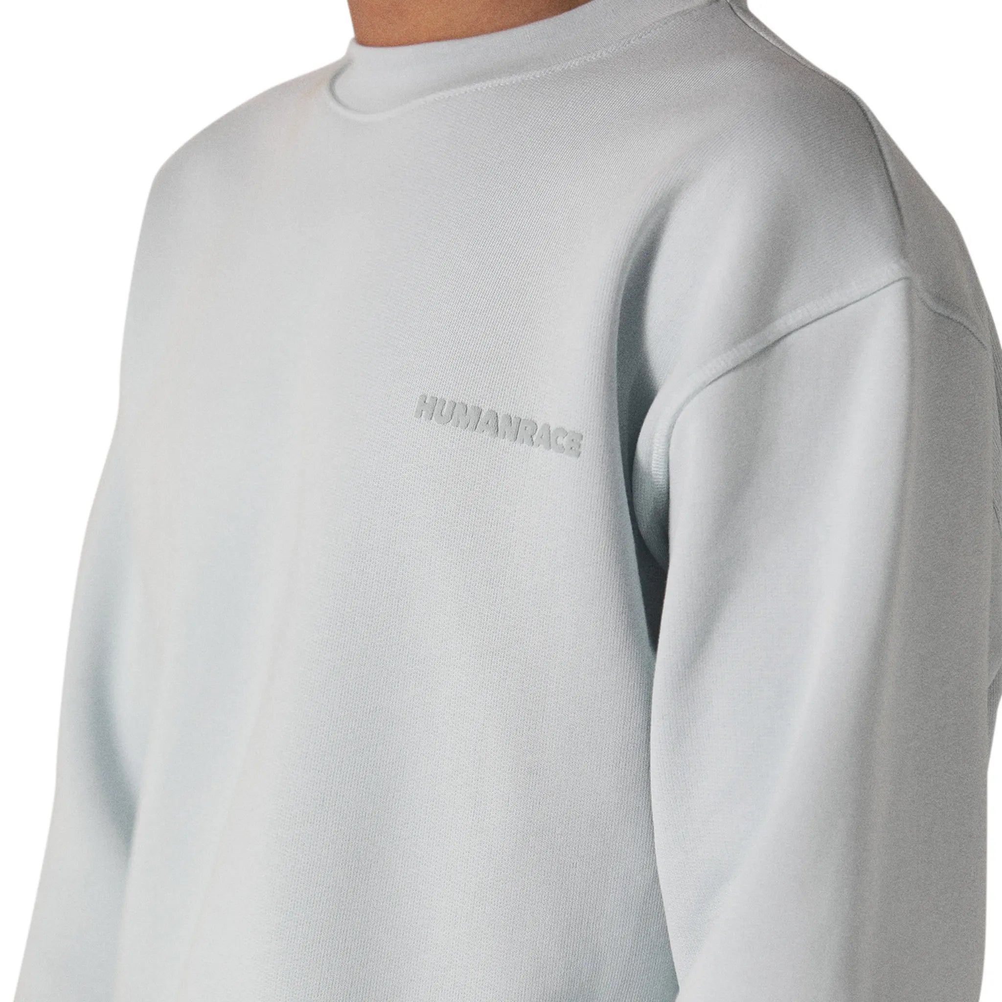 Model chest detail view of Human Race World Soft Blue Sweatshirt