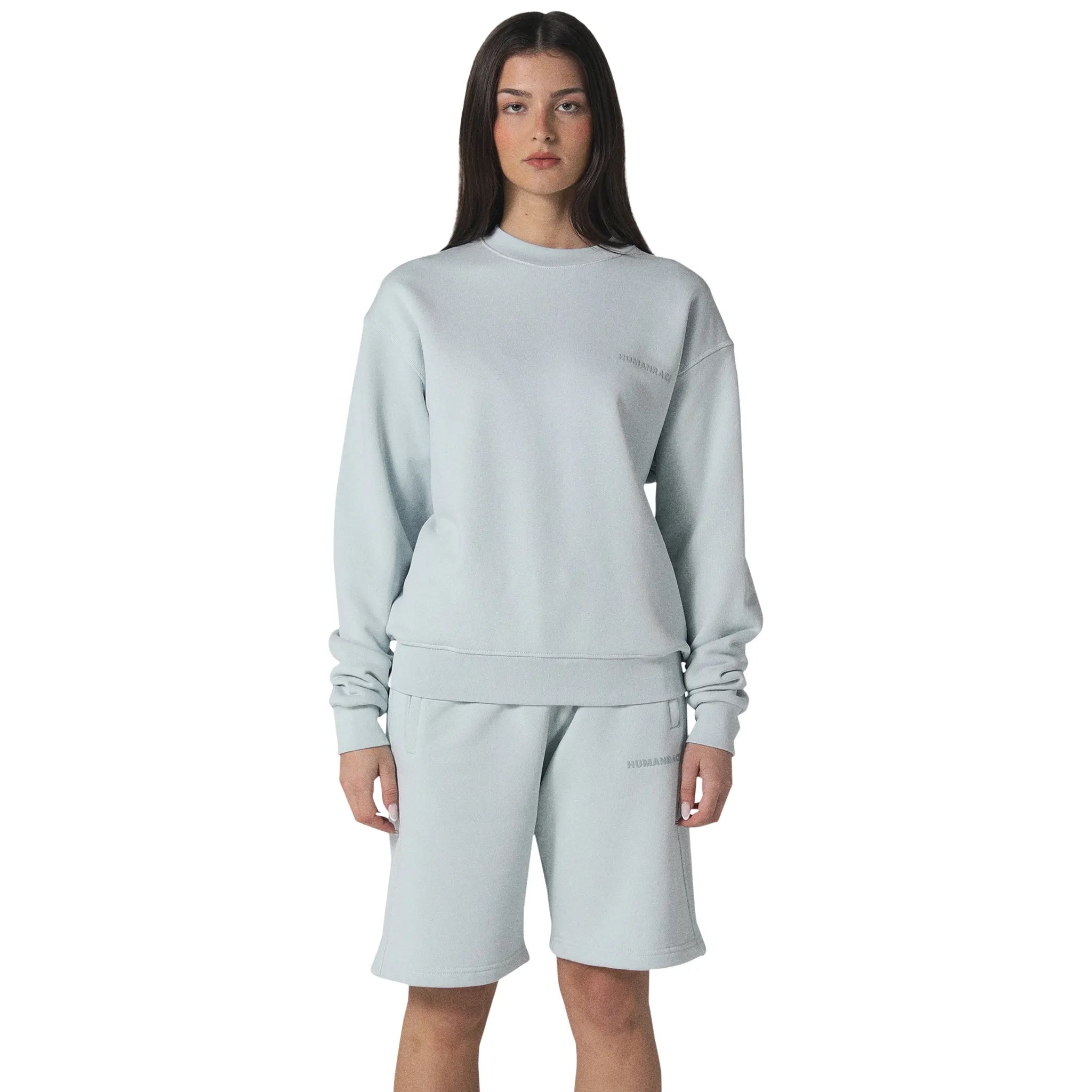 Model front view of Human Race World Soft Blue Sweatshirt