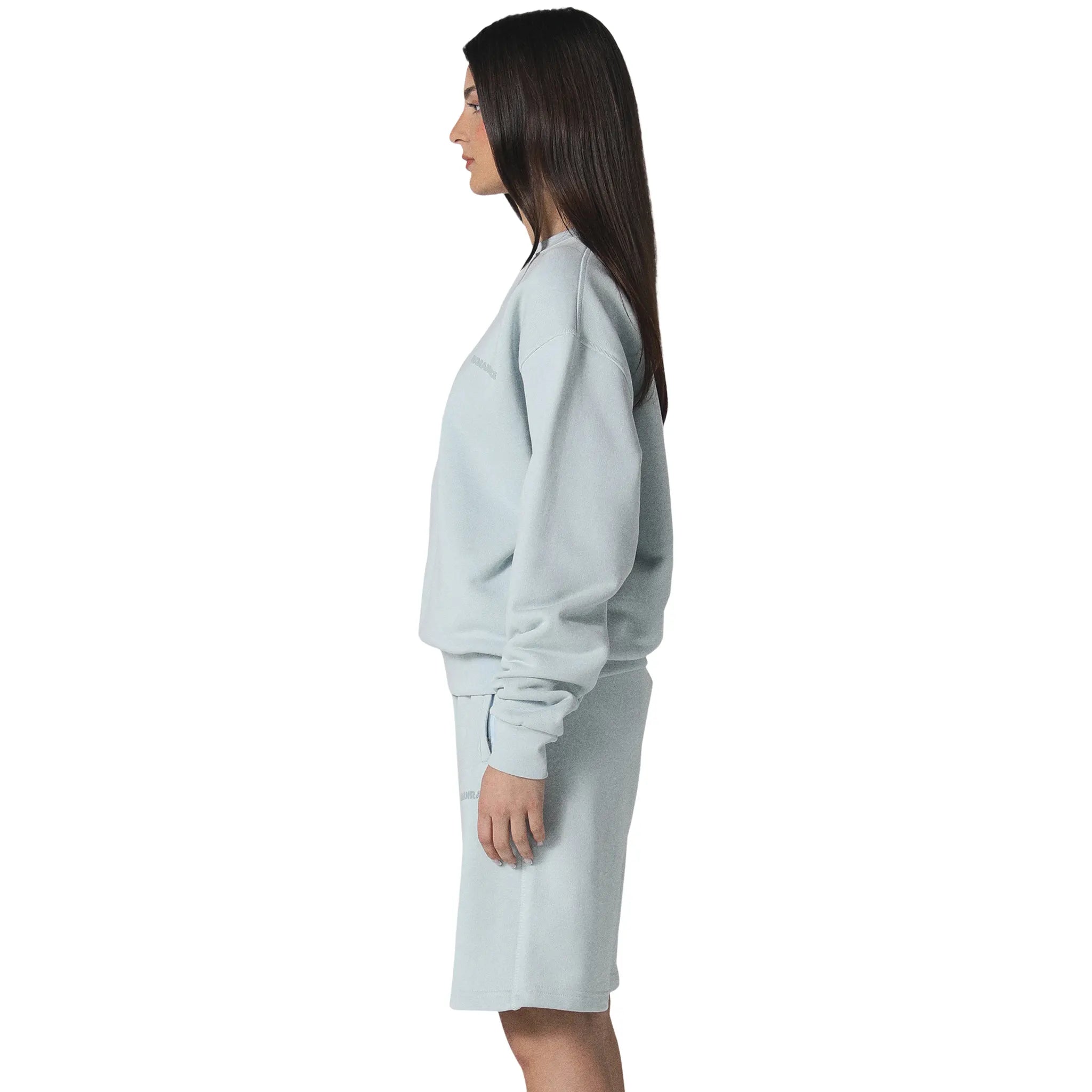 Model side view of Human Race World Soft Blue Sweatshirt