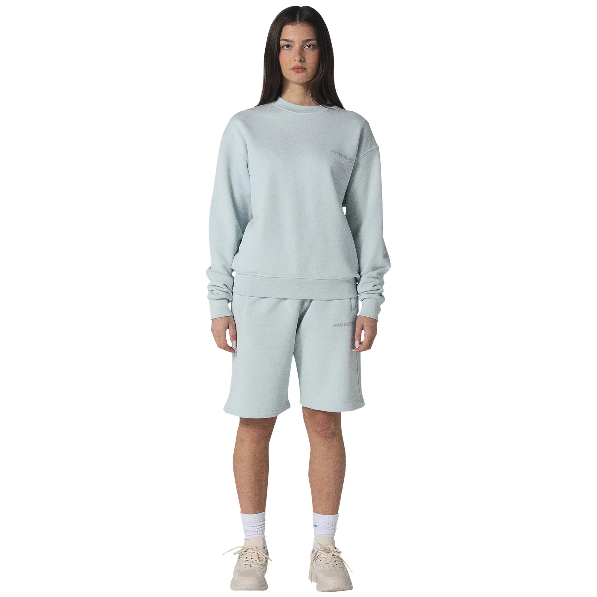 Model front view of Human Race World Soft Blue Sweatshirt