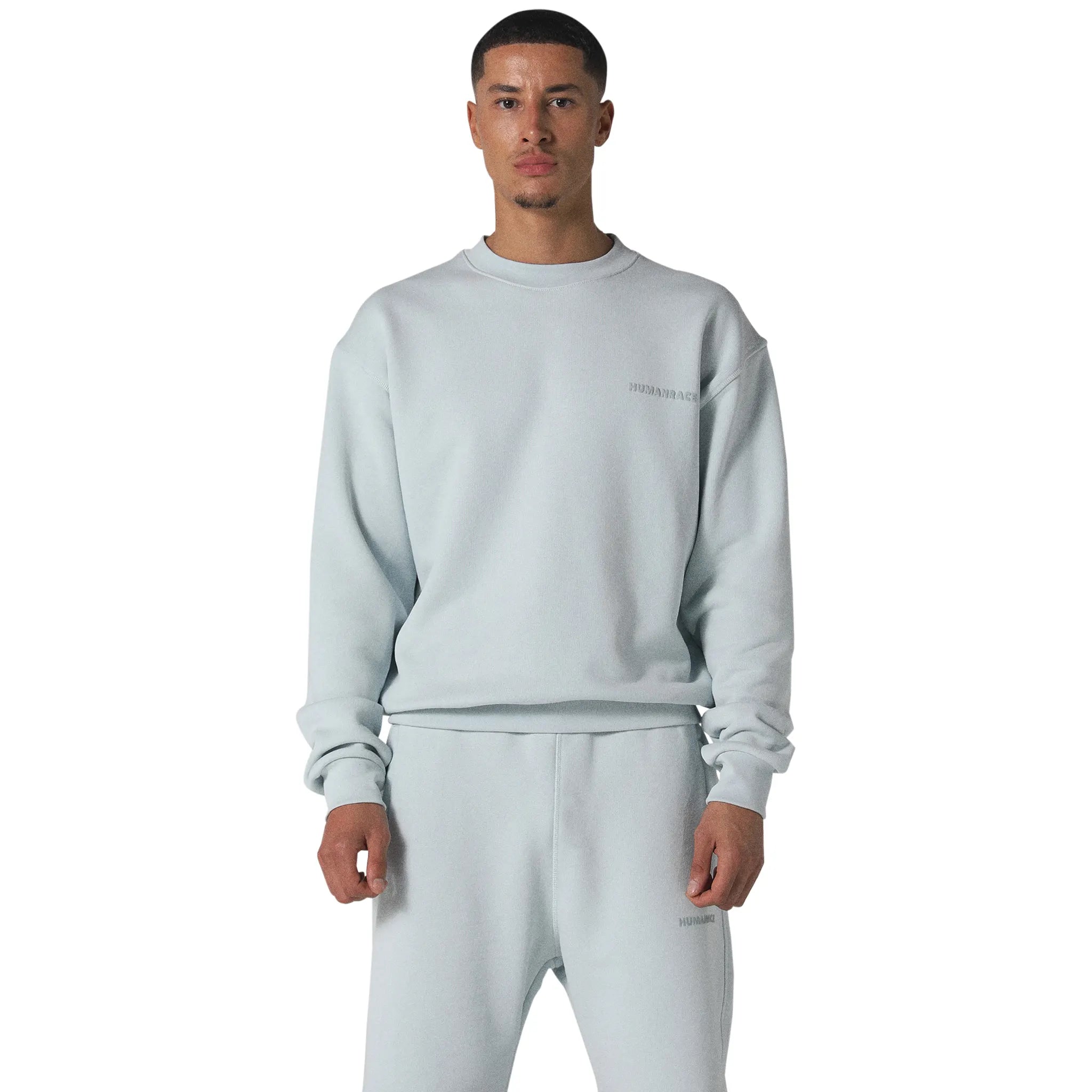 Model front view of Human Race World Soft Blue Sweatshirt