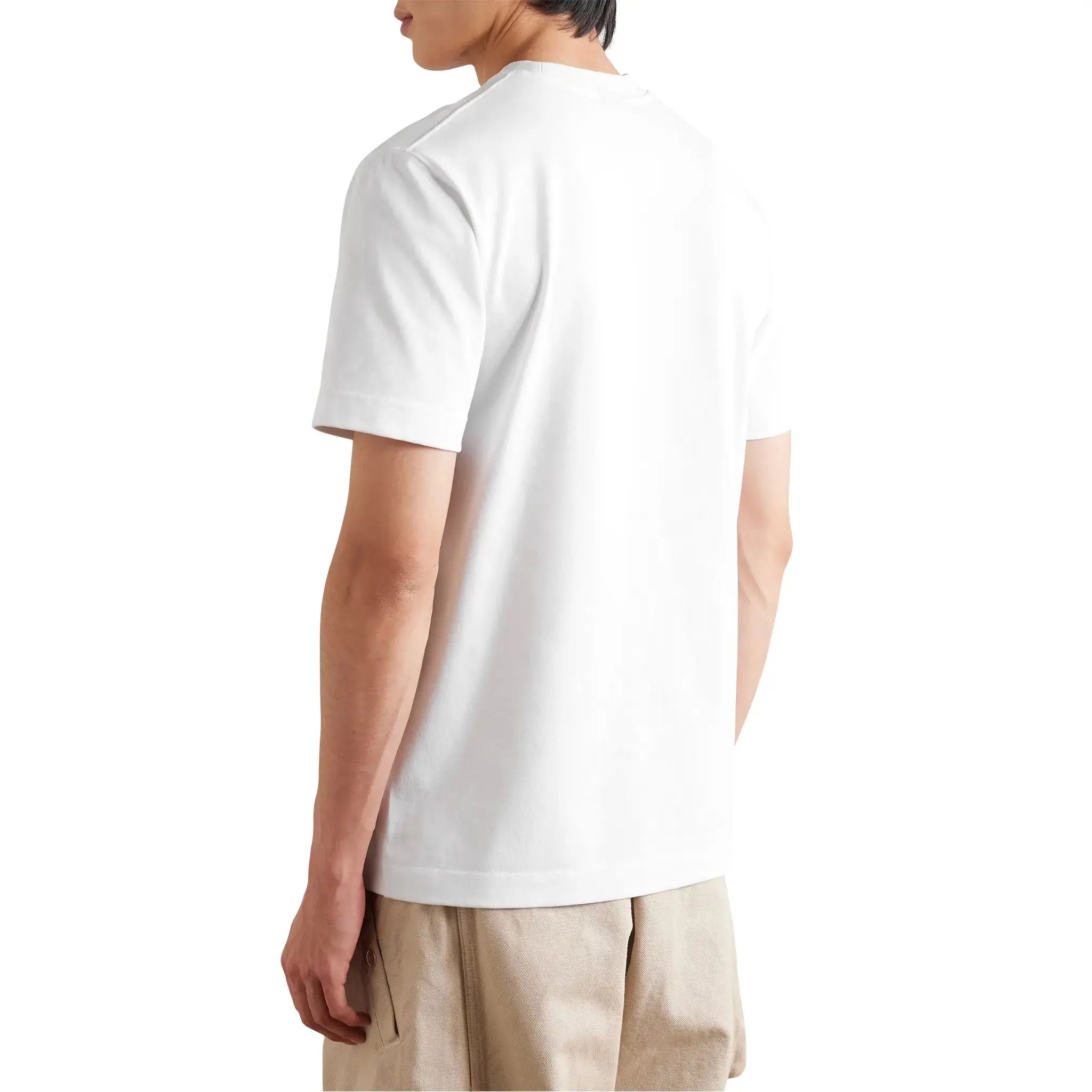 Model back view of Jacquemus Grosgrain Brand Logo Tab White T Shirt 245JS208-2125-950