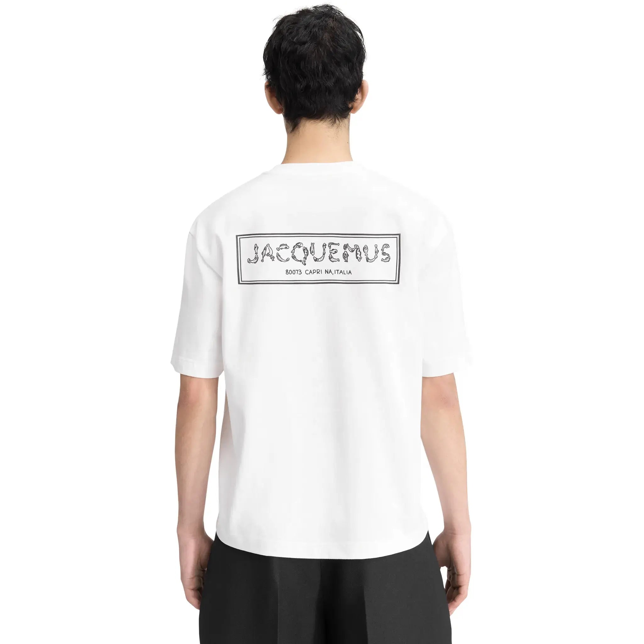 Model back view of Jacquemus Le Mer White T Shirt 246JS151-2125-100