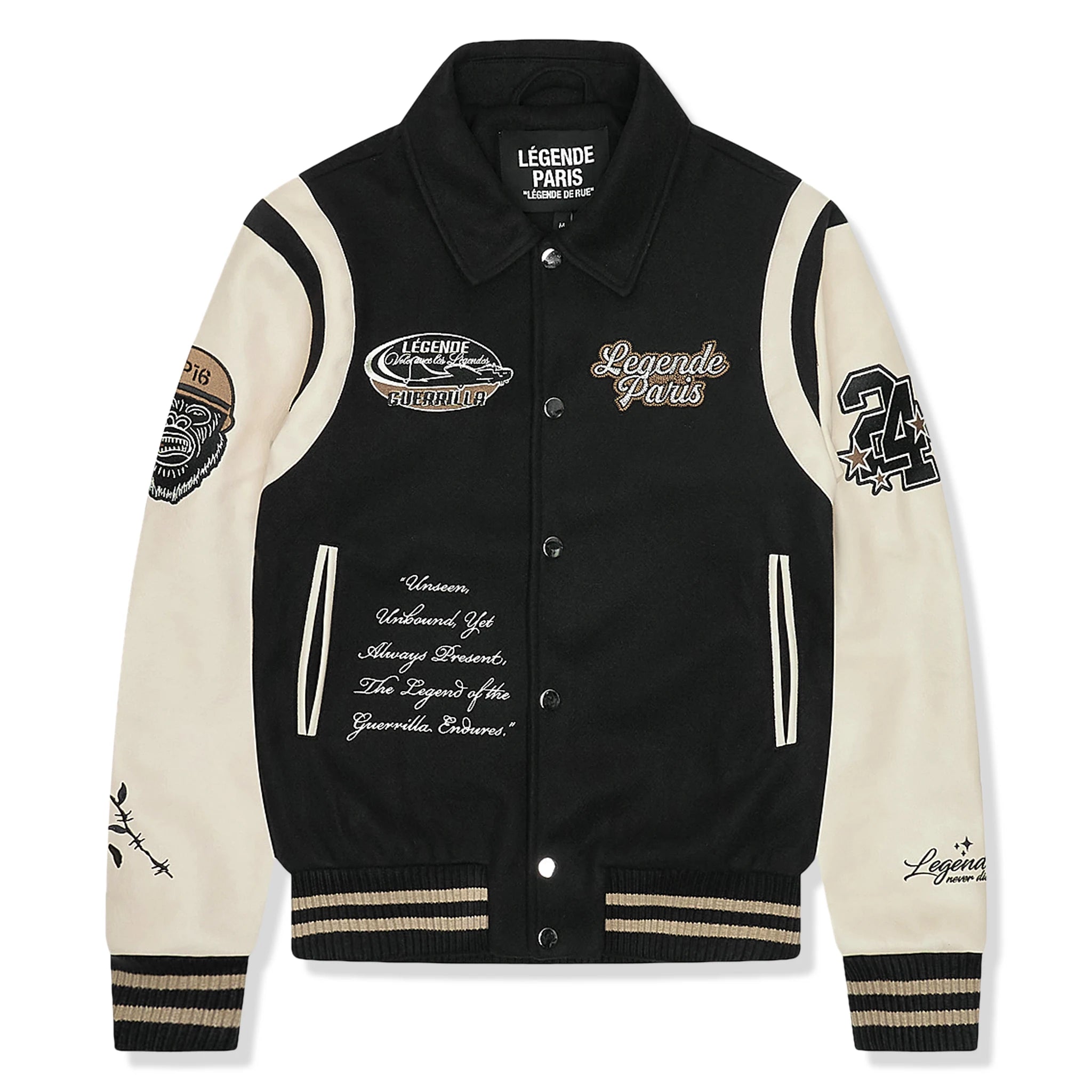 Front view of Légende Paris Guerrilla Varsity Jacket Black