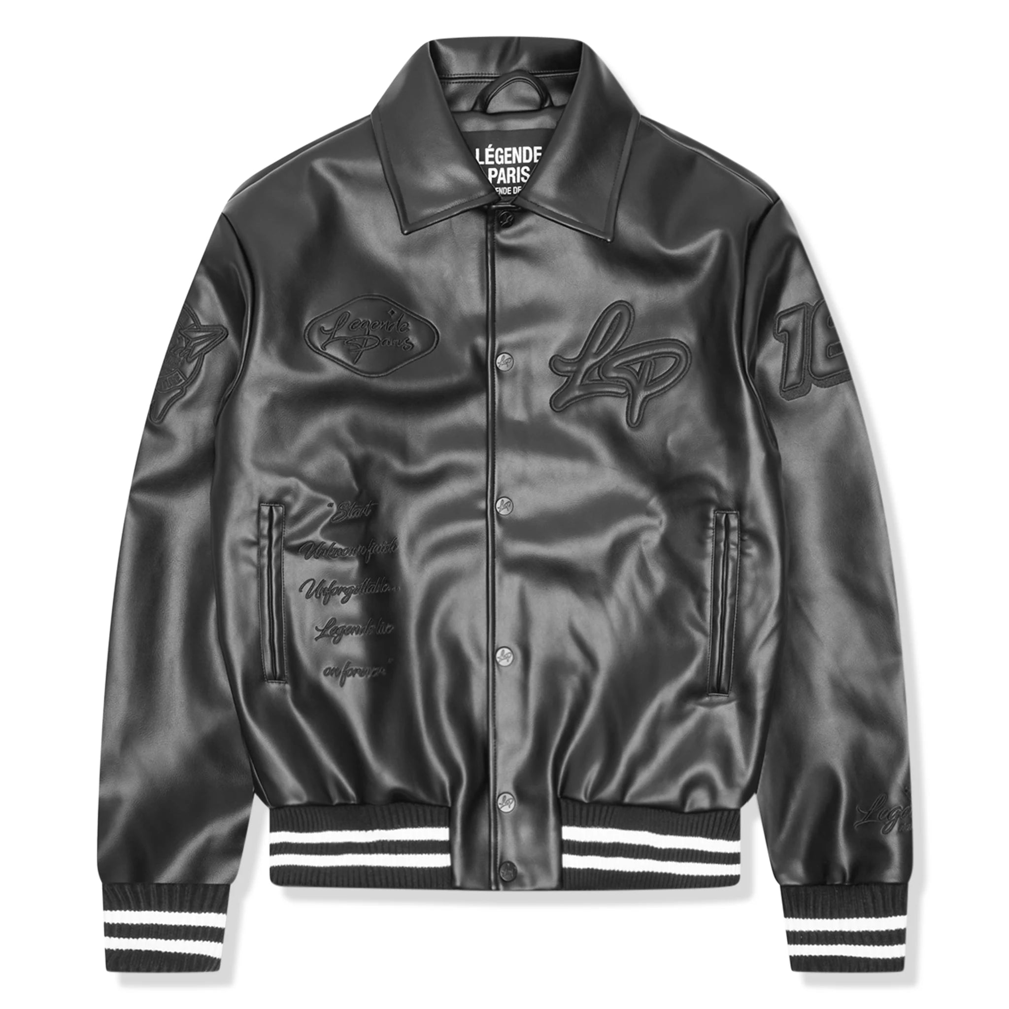 Front view of Légende Paris Ice Cream Leather Varsity Jacket Black
