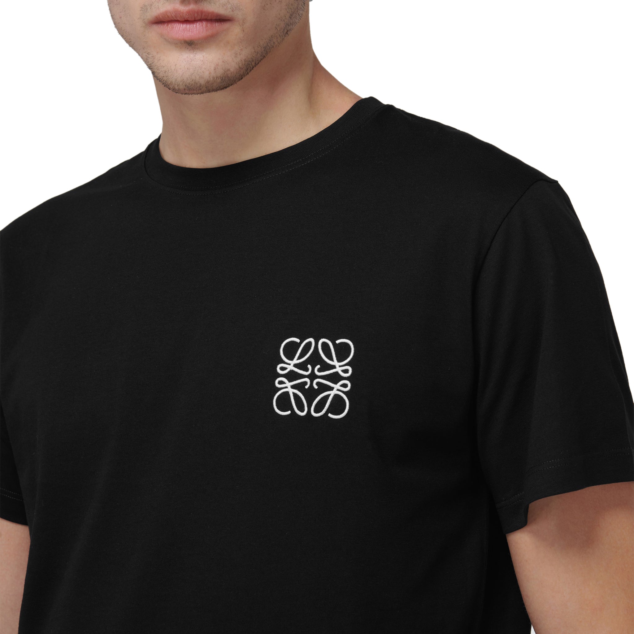 Model view of Loewe Anagram Chest Logo Black T Shirt H526Y22X75