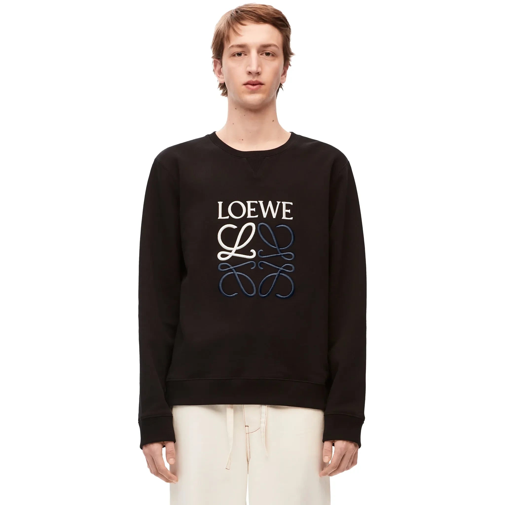 Model front view of Loewe Anagram Cotton Black Sweatshirt H526Y24J07