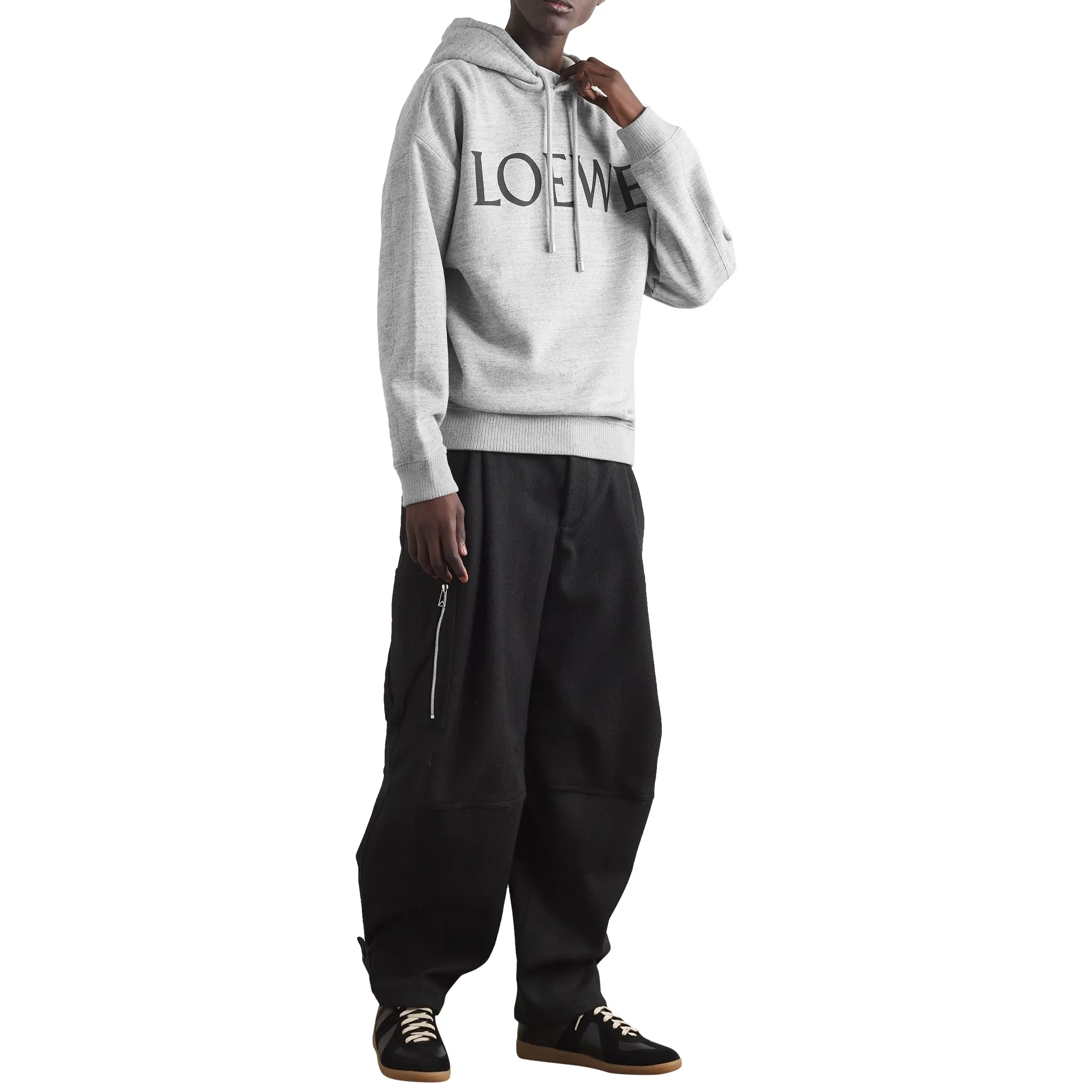 Model full view of Loewe Logo Printed Grey Hoodie H526Y25X42-1440