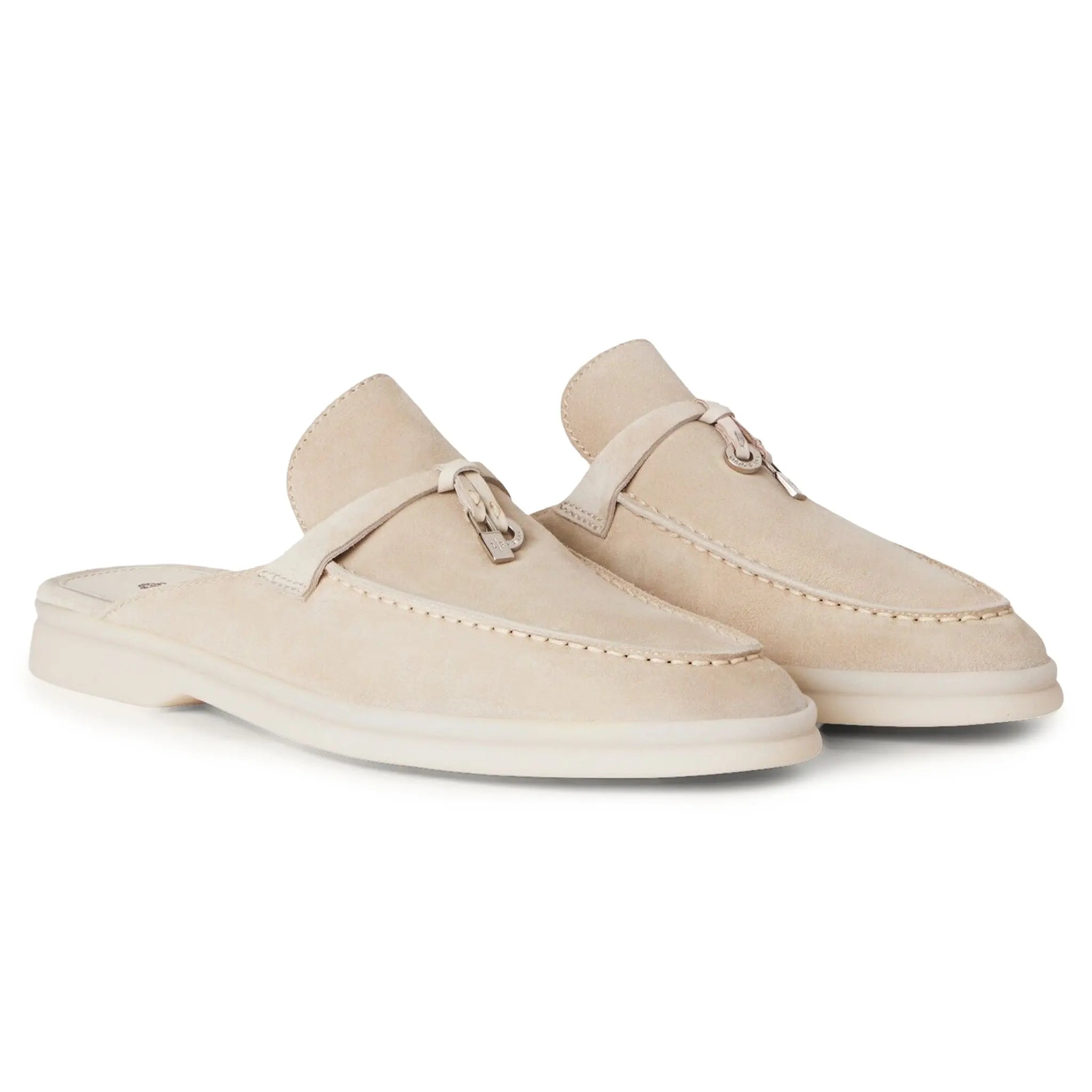 Front side view of Loro Piana Babouche Summer Charms Walk Suede Linen Loafers FAI1543_D746