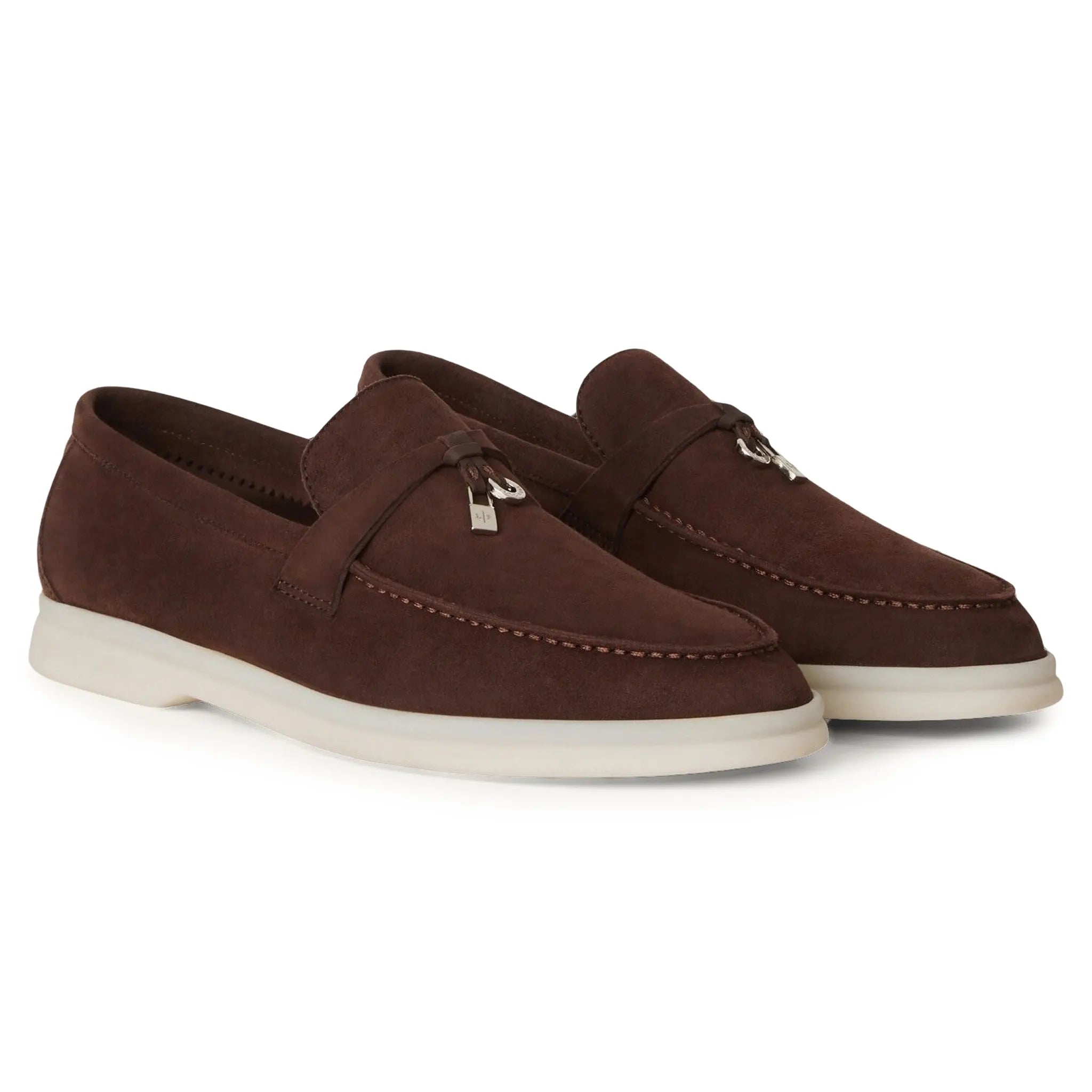 Front side view of Loro Piana Summer Charms Walk Suede Chocolate Loafers FAE5444_H026