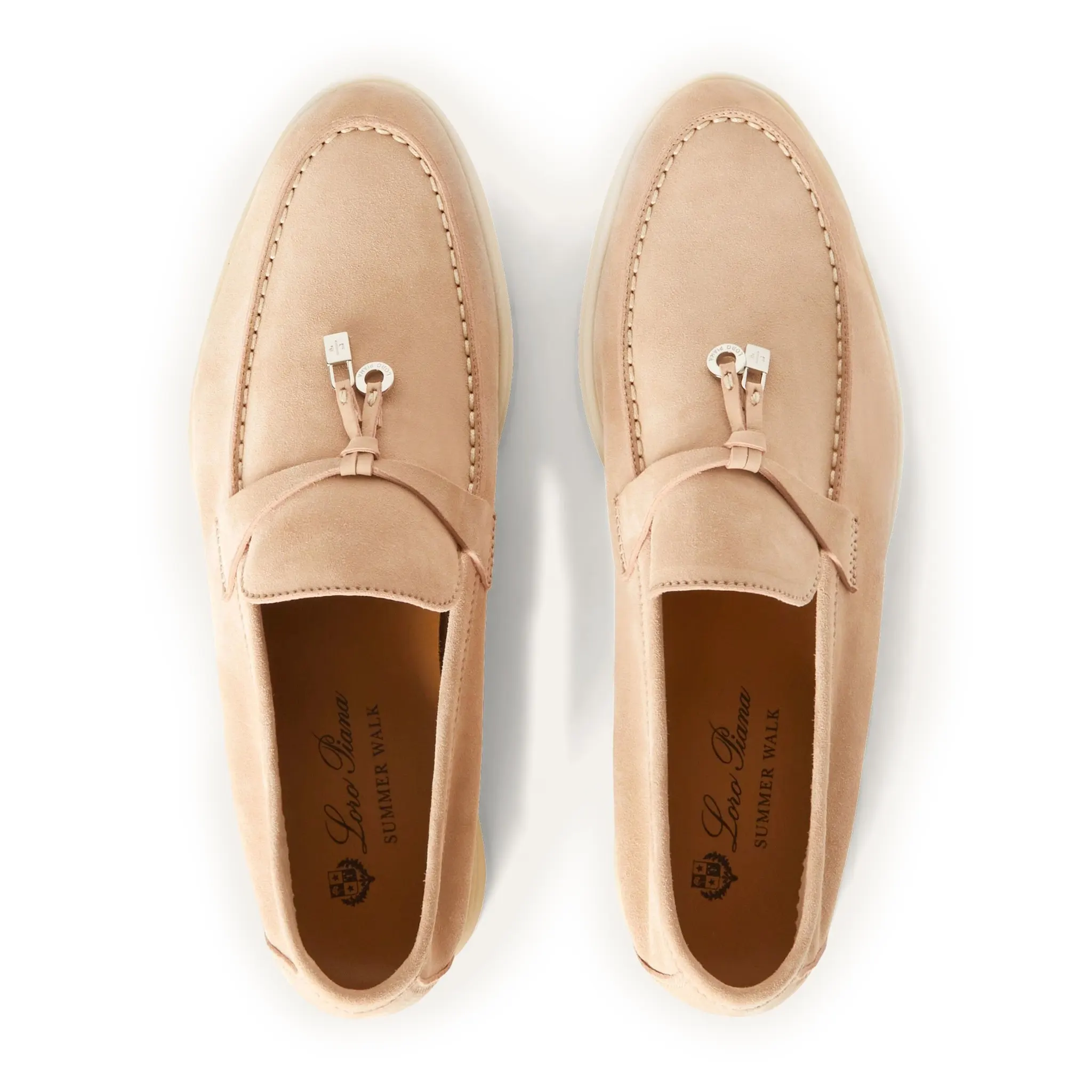 Top view of Loro Piana Summer Charms Walk Suede Goatskin Pink Sand Loafers FAE5444