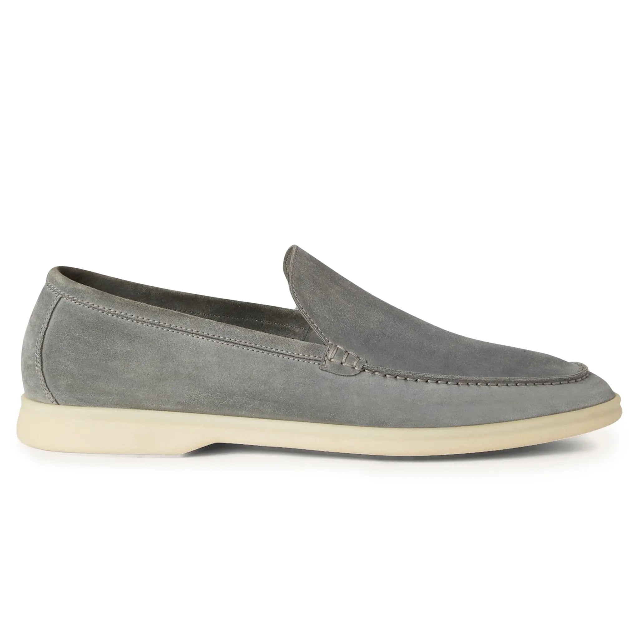 Side view of Loro Piana Summer Walk Suede Gull Grey Loafers FAE8124