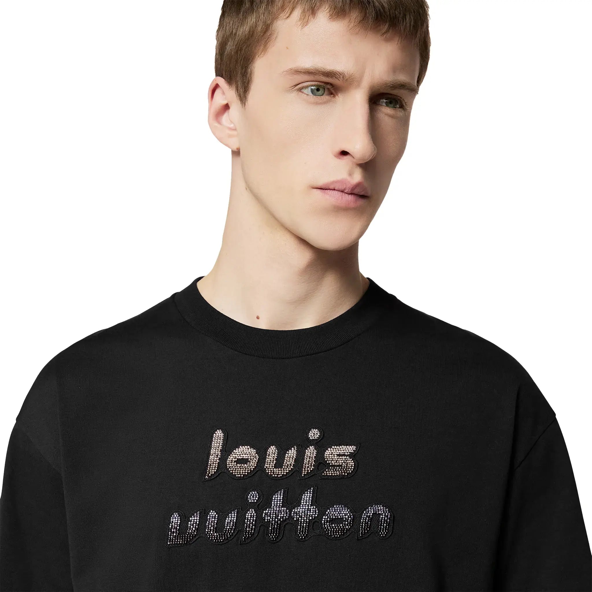 Model detail view of Louis Vuitton Bead Embroidered Black T Shirt NVPROD4460052V