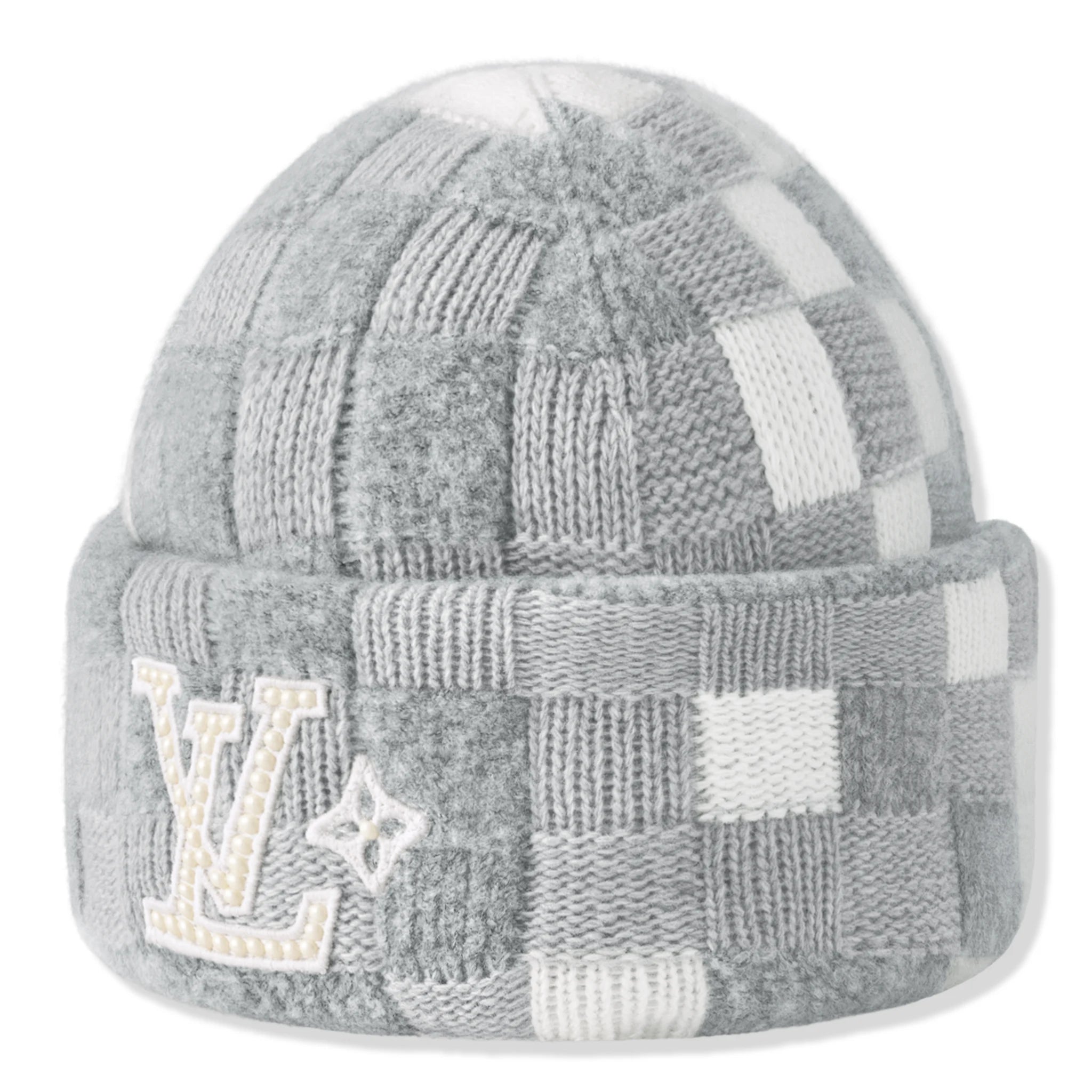 Back view of Louis Vuitton Damoflage Pearls Crush Reversible Light Grey Beanie NVPROD5780081V