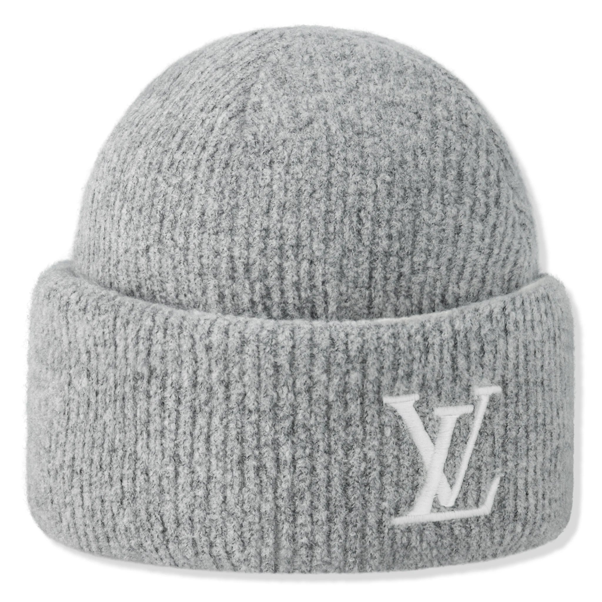 Front reverse view of Louis Vuitton Damoflage Pearls Crush Reversible Light Grey Beanie NVPROD5780081V