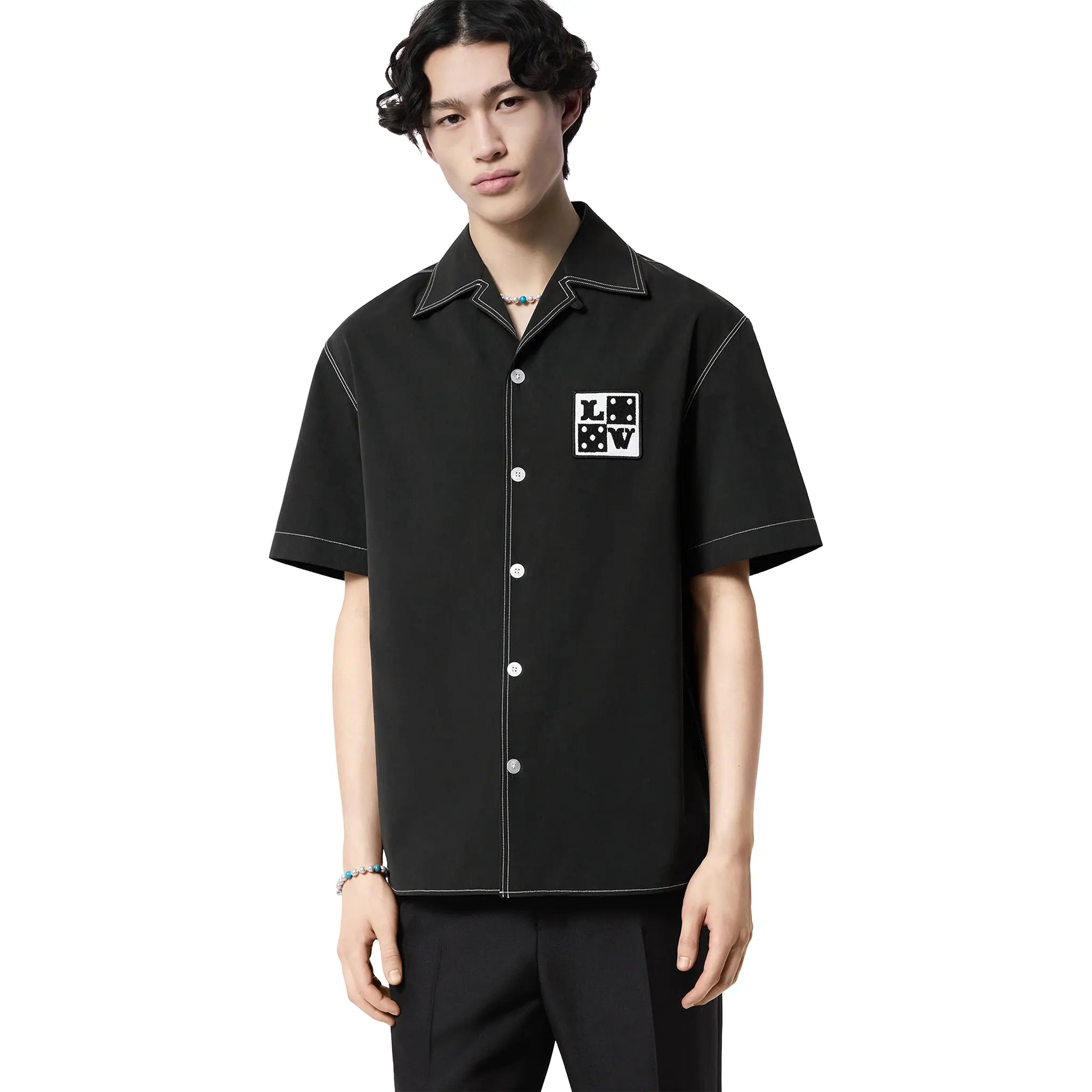 Model front view of Louis Vuitton Dice Patch Embroidered Short-Sleeved Black Cotton Shirt NVPROD5530131V