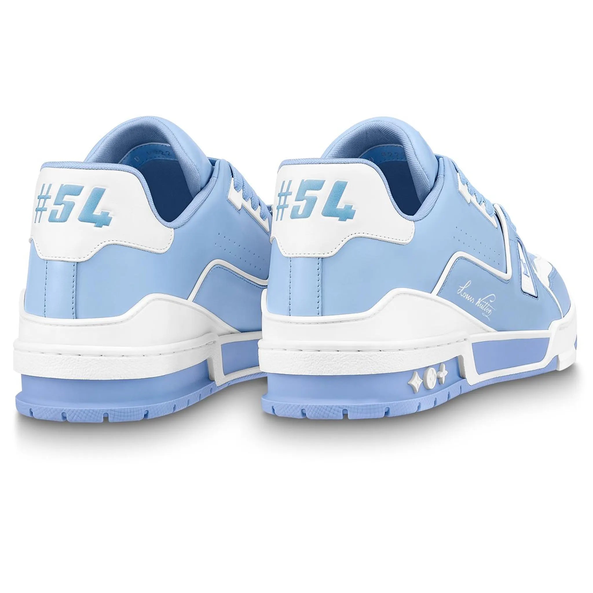 Back side view of Louis Vuitton LV '54' Trainer Light Blue White Sneaker