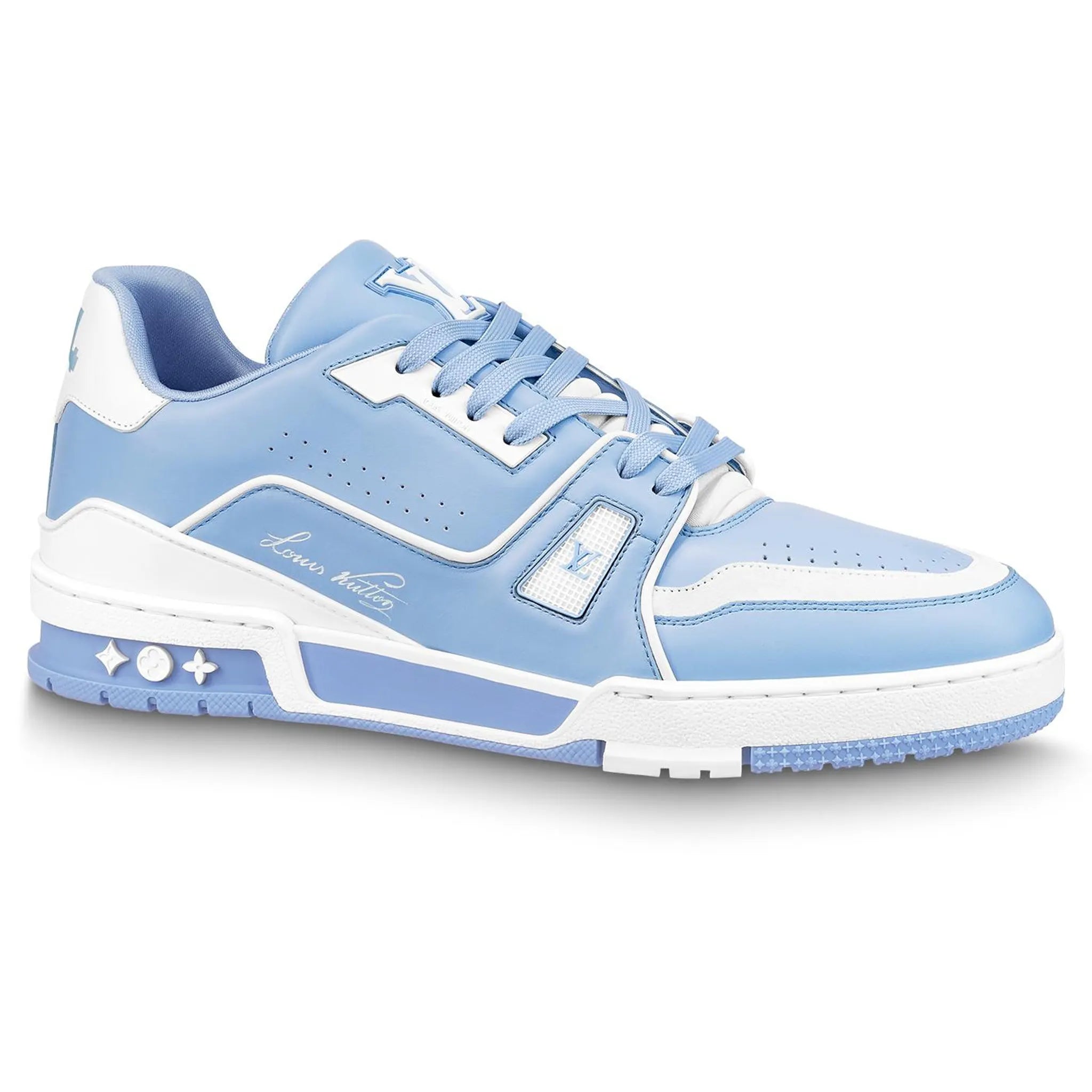 Front side view of Louis Vuitton LV '54' Trainer Light Blue White Sneaker