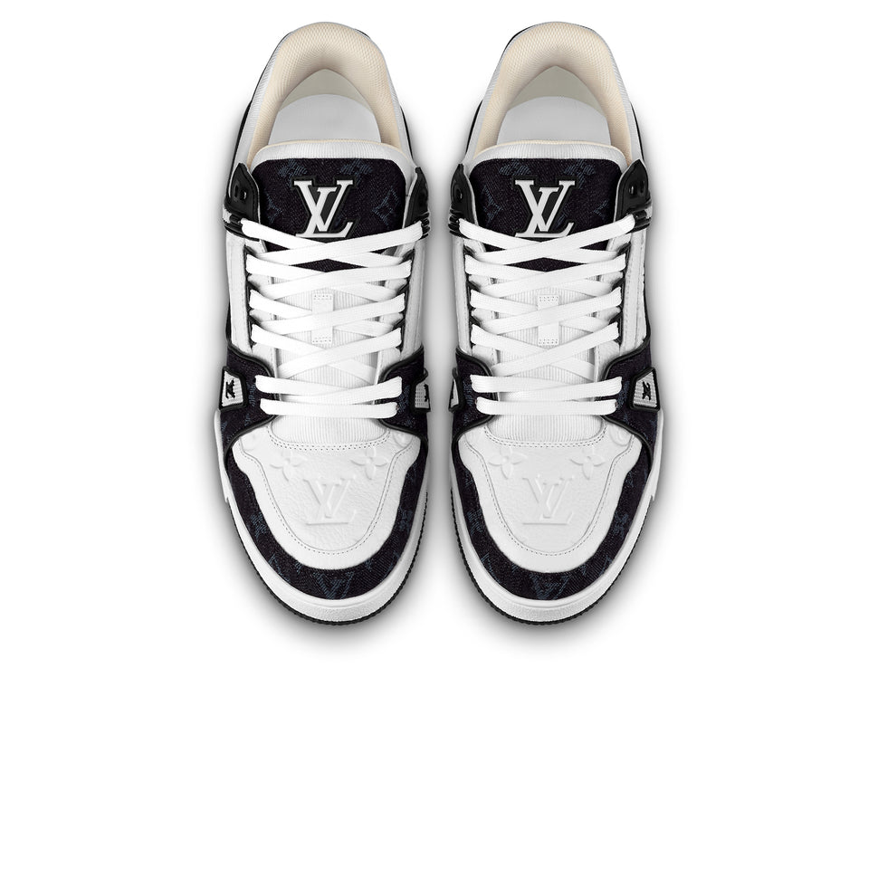 New 2022 Louis Vuitton LV Trainer Sneaker Blue Monogram Leather Mens 10.5