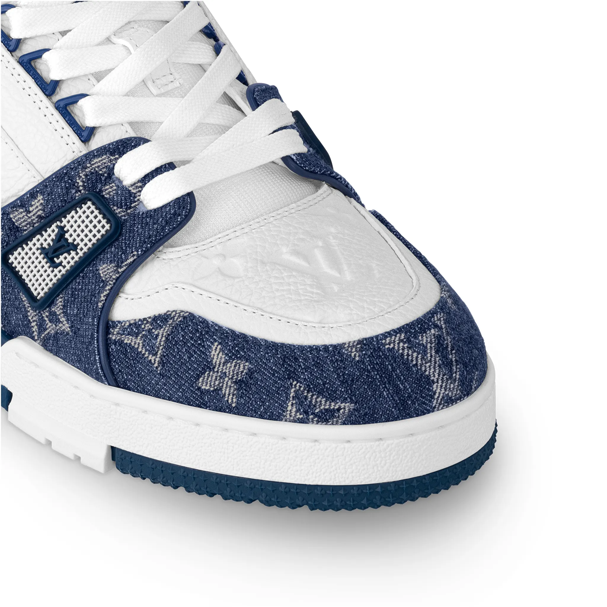 Toe view of Louis Vuitton LV Monogram Blue Denim Sneaker 1A9JGV