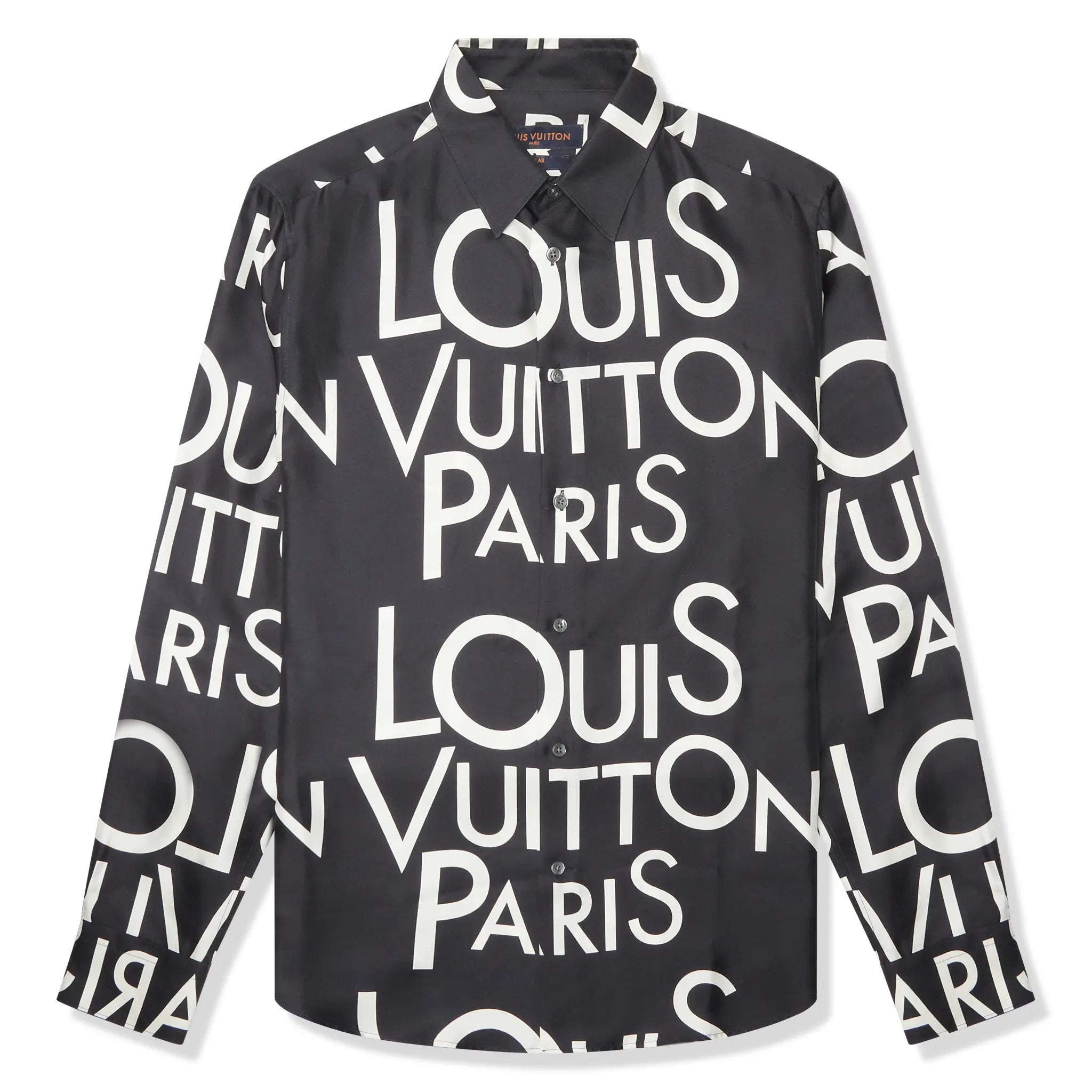 Front view of Louis Vuitton Typography Silk Navy White Shirt 