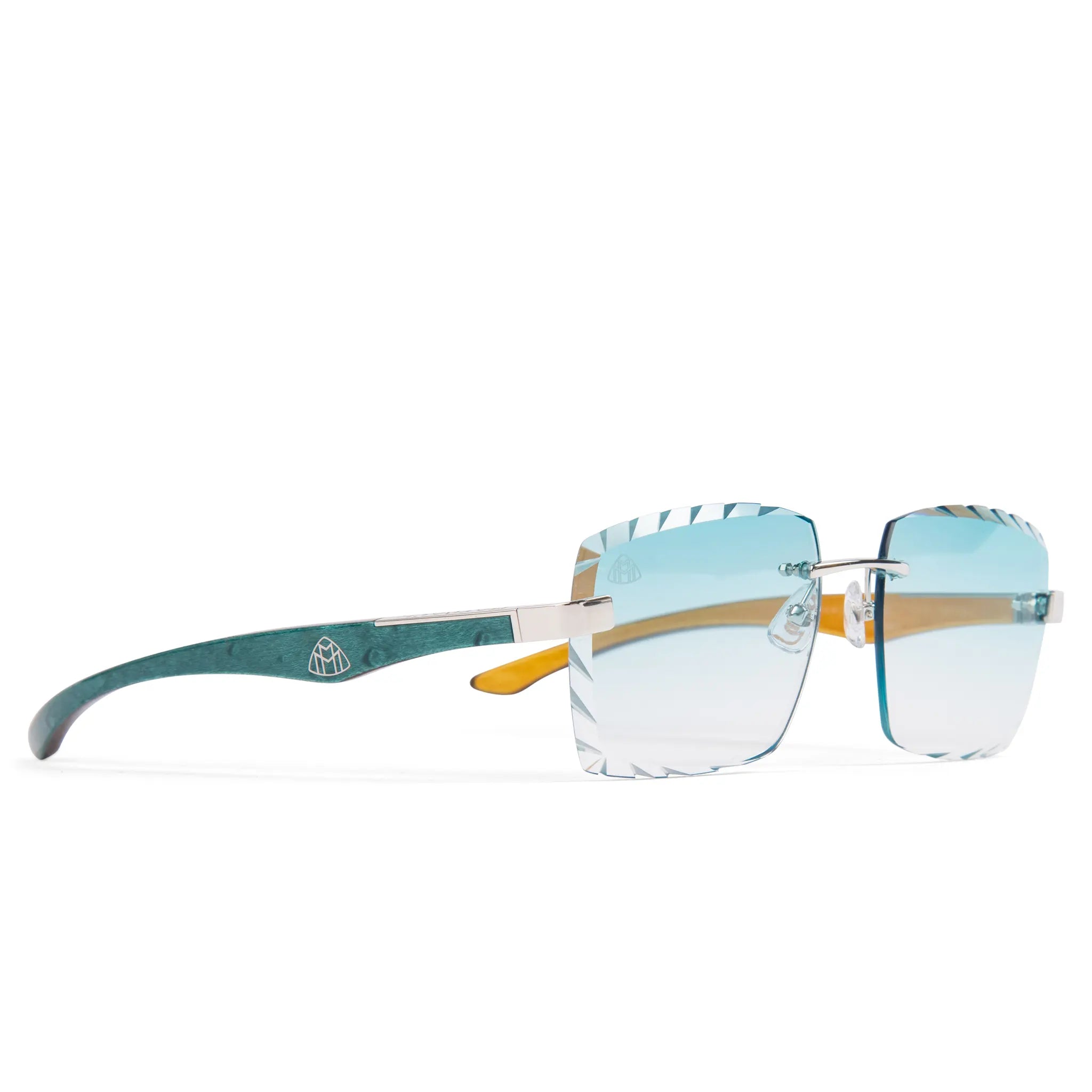 Front side view of Maybach Eyewear The Artist III P-WCW-ZZ5 Custom Tiffany Blue Diamond Cut Sunglasses P-WCW-ZZ5