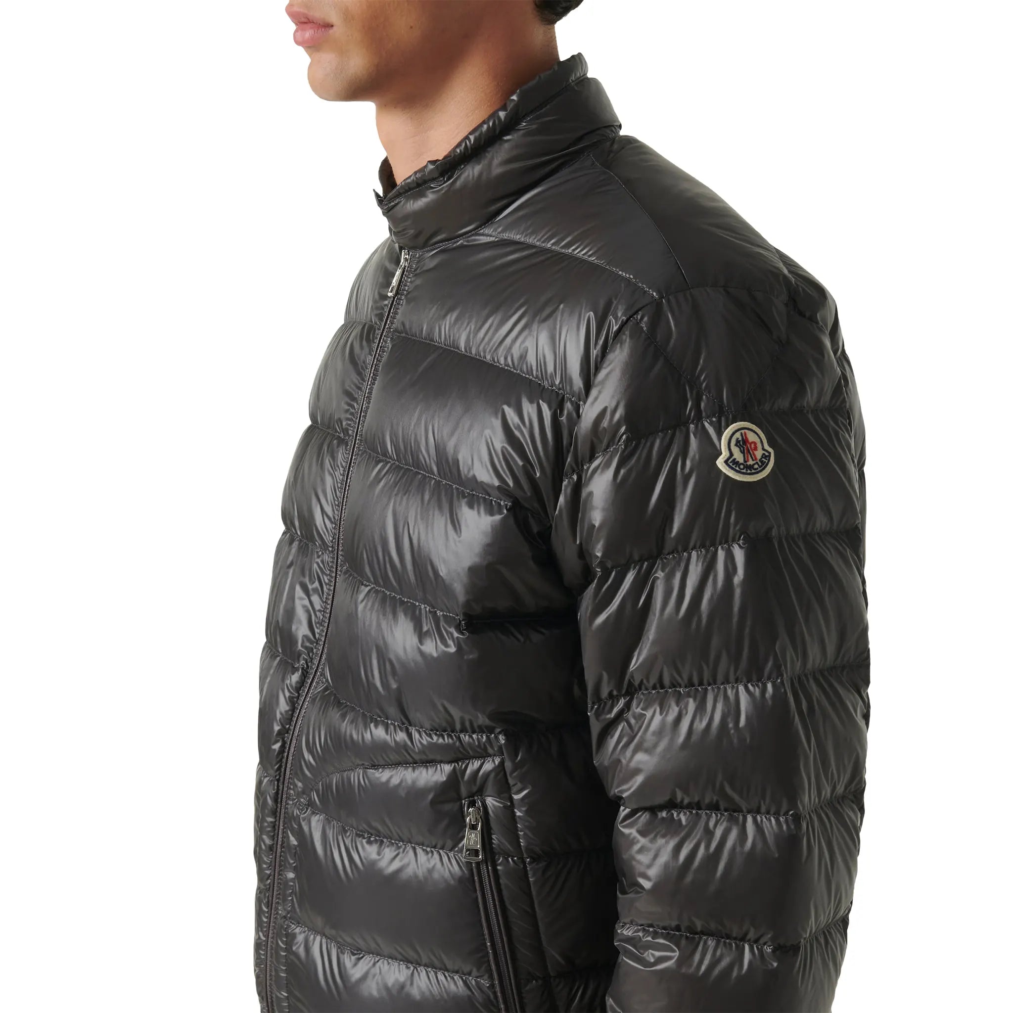 Model sleeve view of Moncler Acorus Grey Jacket 