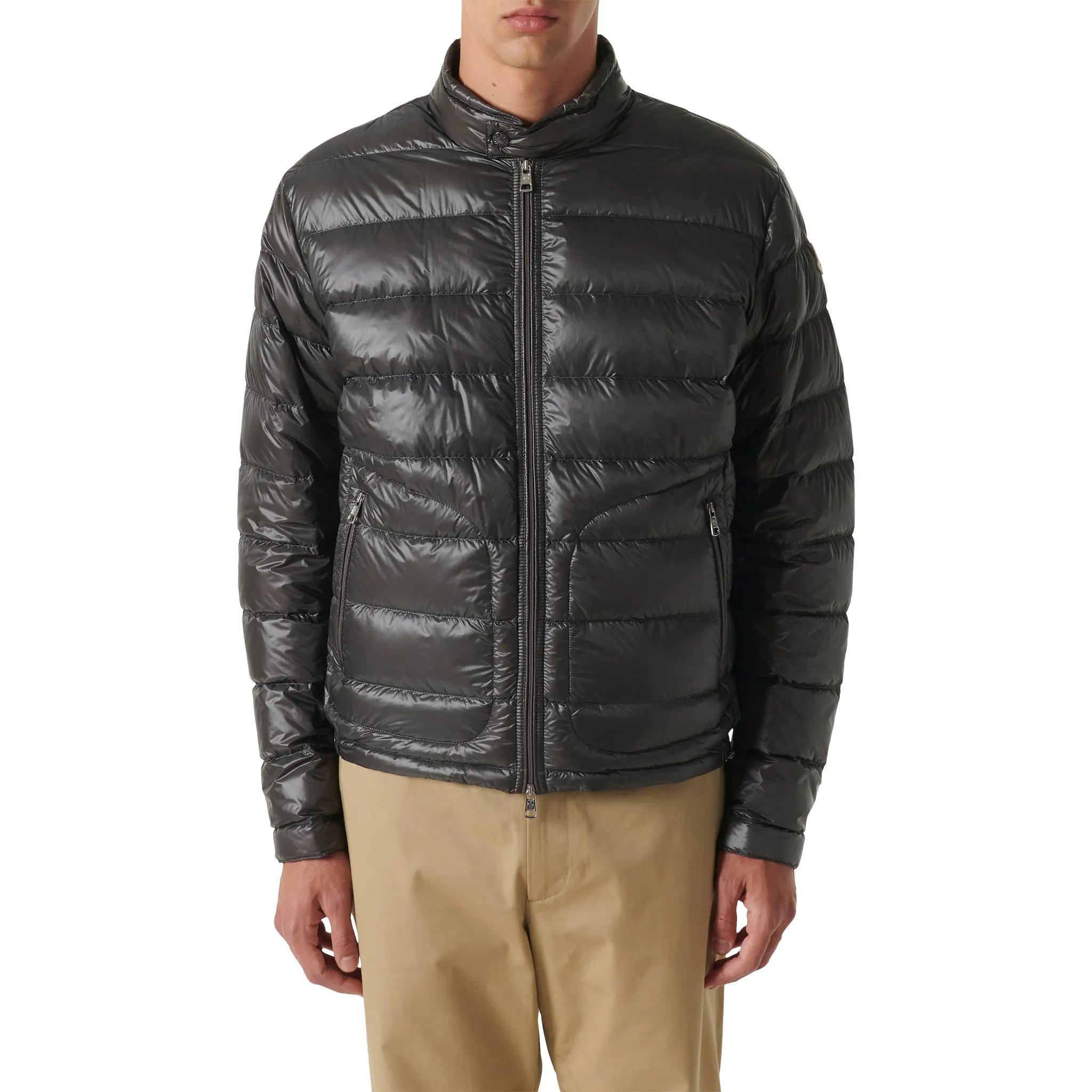 Model front view of Moncler Acorus Grey Jacket 