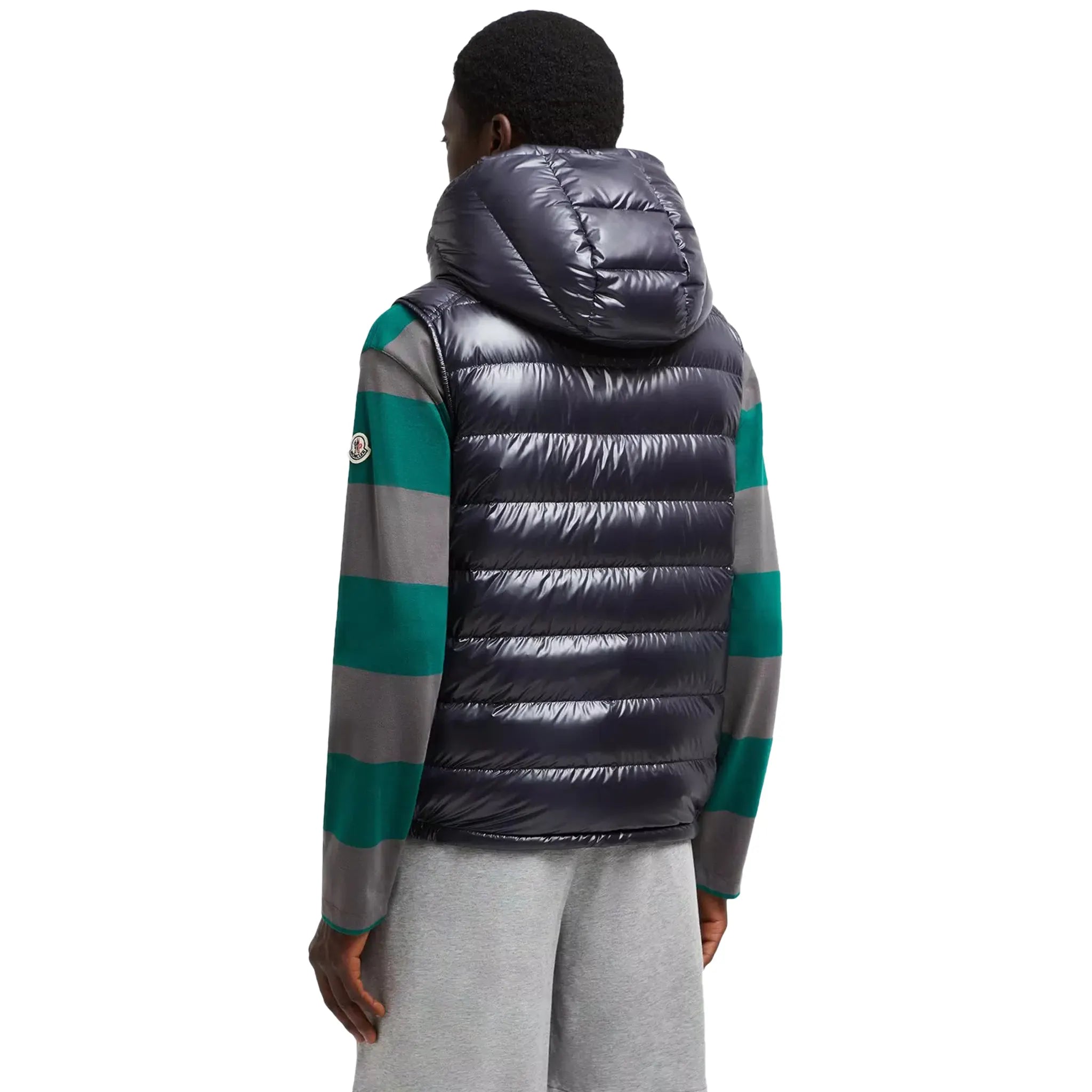 Model back view of Moncler Barant Down Navy Gilet J20911A00062597EX779