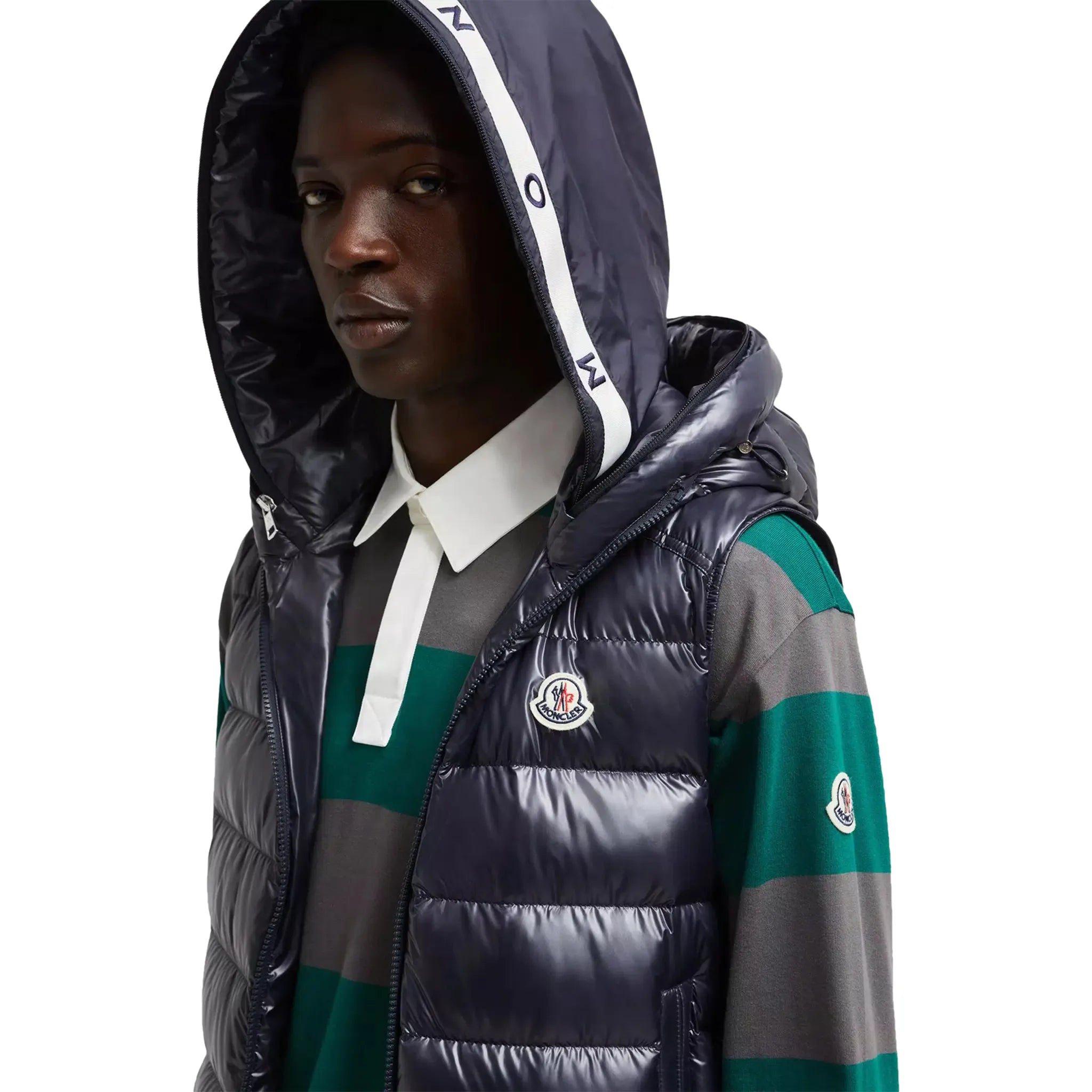 Model detail view of Moncler Barant Down Navy Gilet J20911A00062597EX779