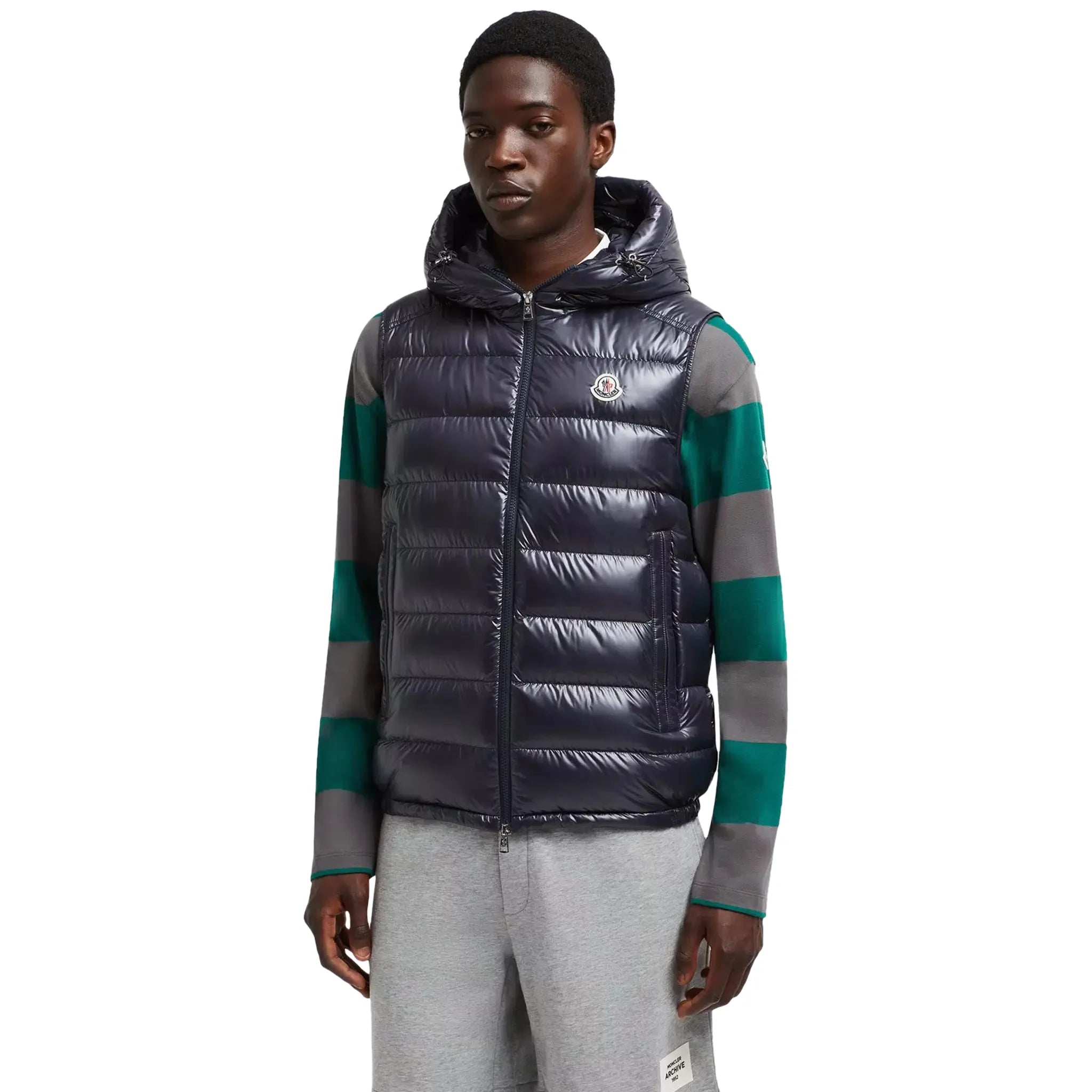 Model front view of Moncler Barant Down Navy Gilet J20911A00062597EX779