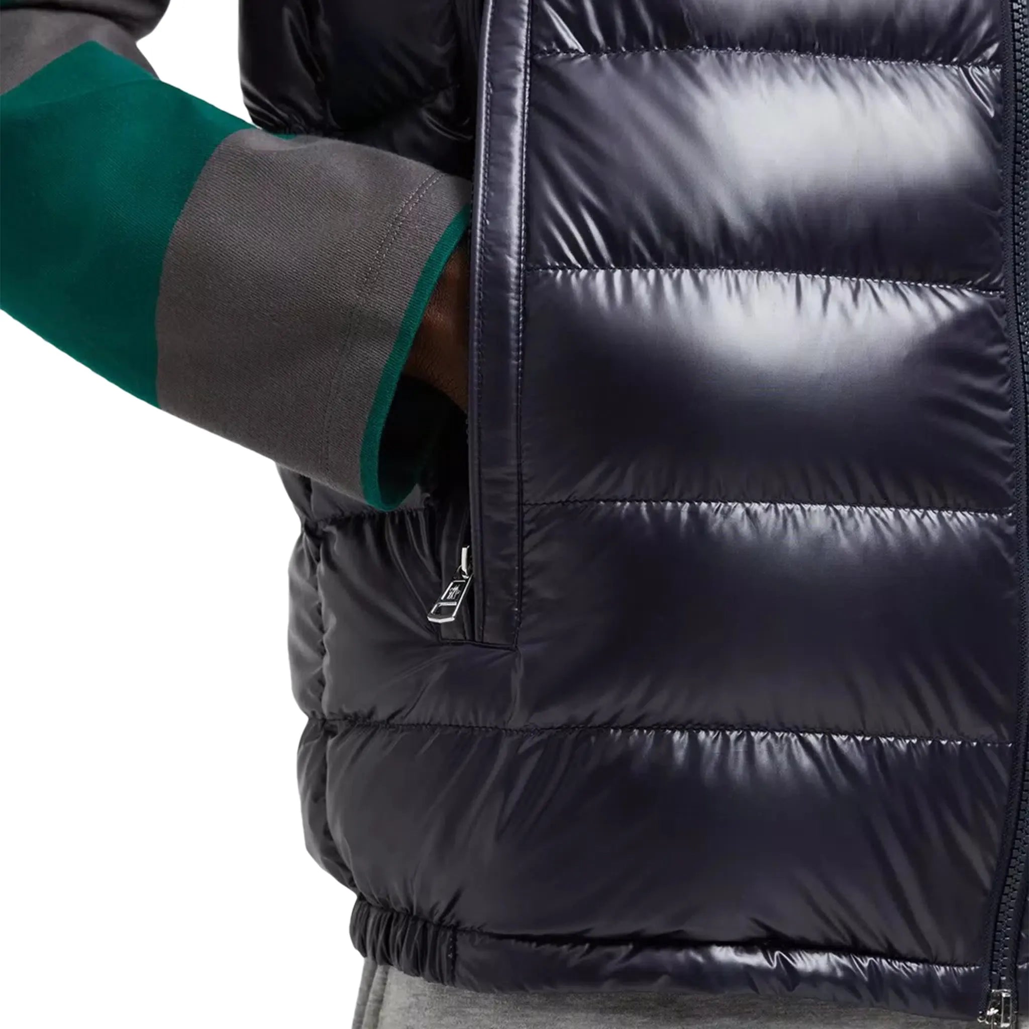 Model pocket view of Moncler Barant Down Navy Gilet J20911A00062597EX779