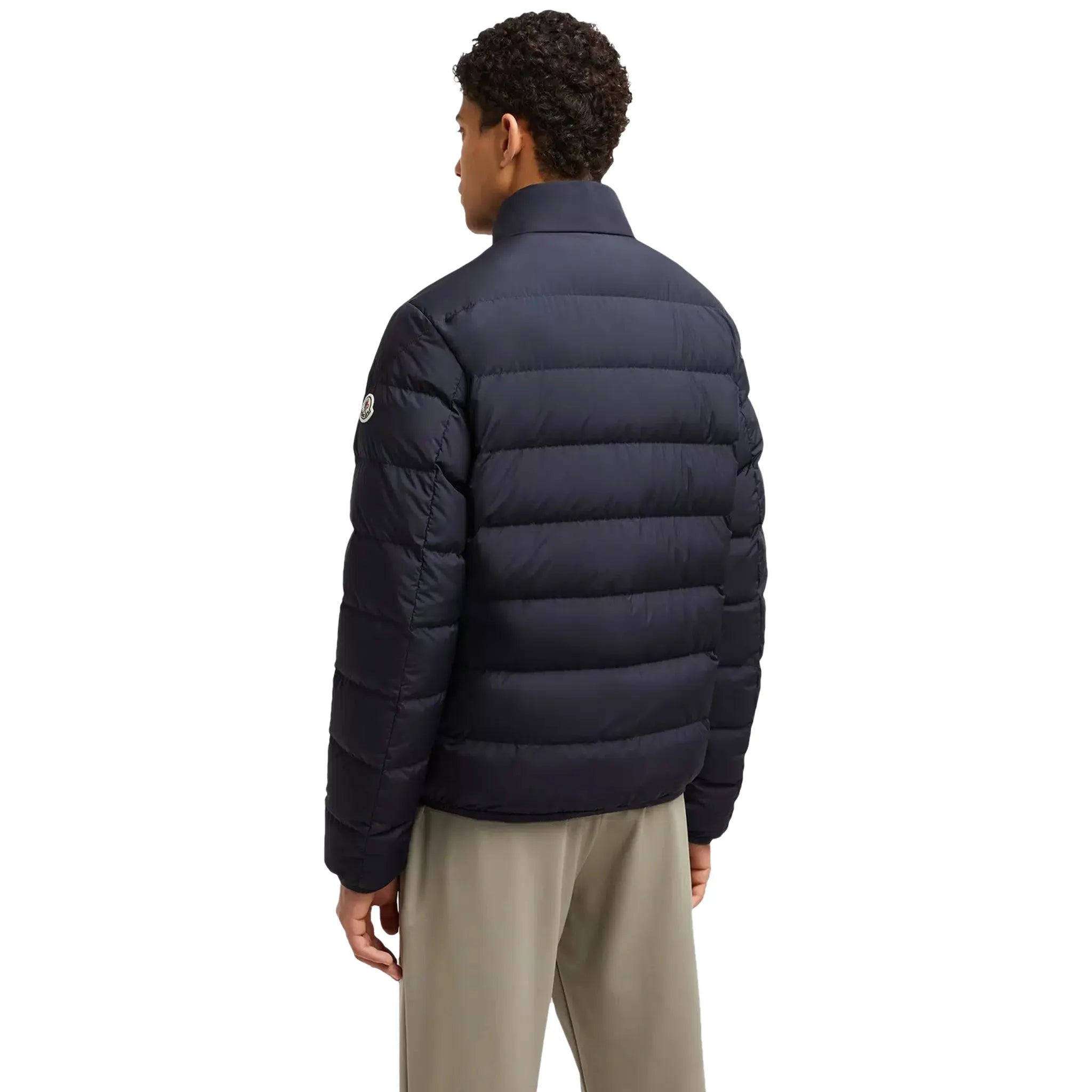 Model back view of Moncler Baudinet Navy Short Down Jacket J20911A0007754A81778