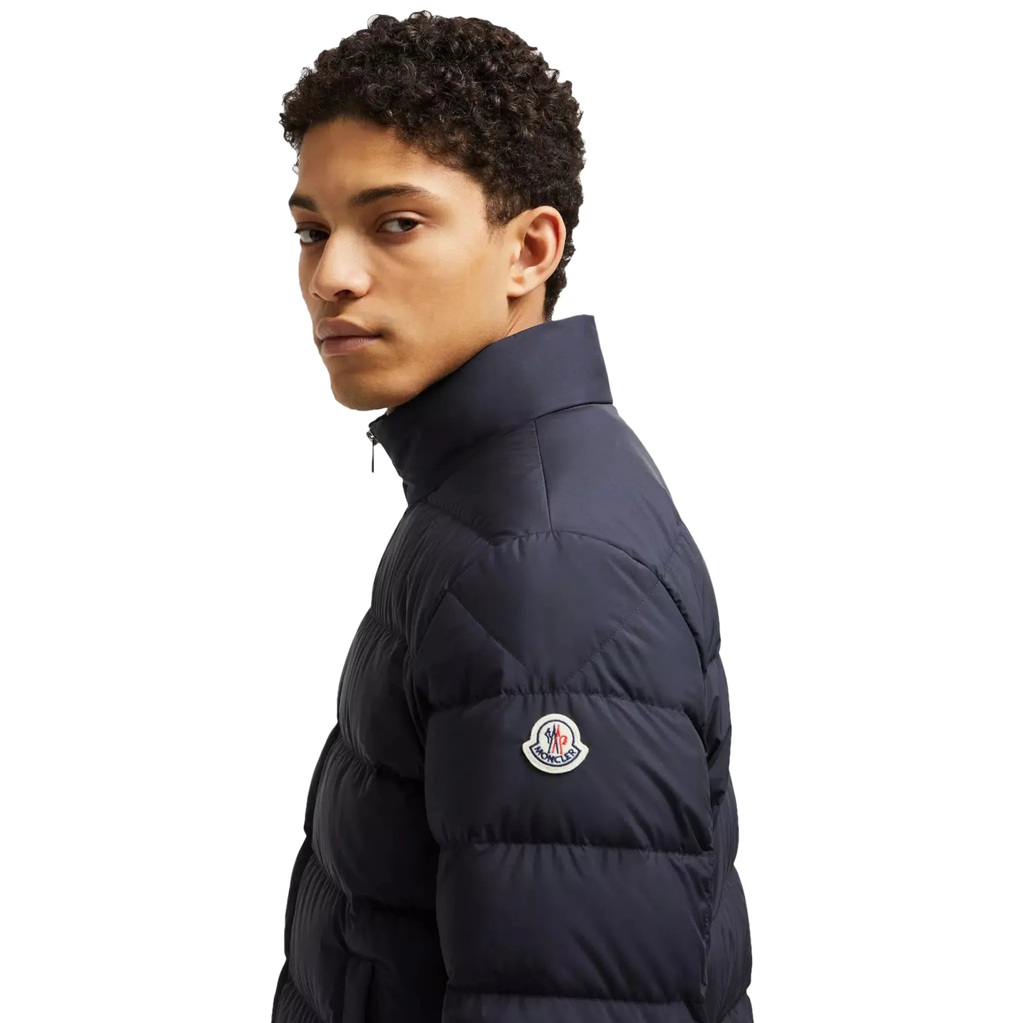 Model detail view of Moncler Baudinet Navy Short Down Jacket J20911A0007754A81778