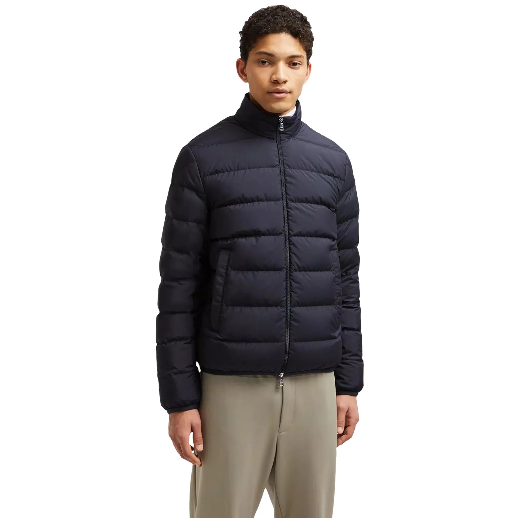 Model side view of Moncler Baudinet Navy Short Down Jacket J20911A0007754A81778