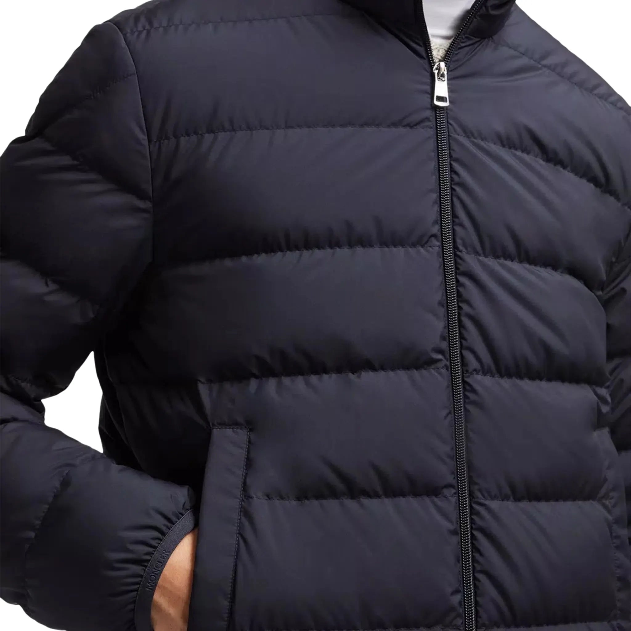 Model zip view of Moncler Baudinet Navy Short Down Jacket J20911A0007754A81778