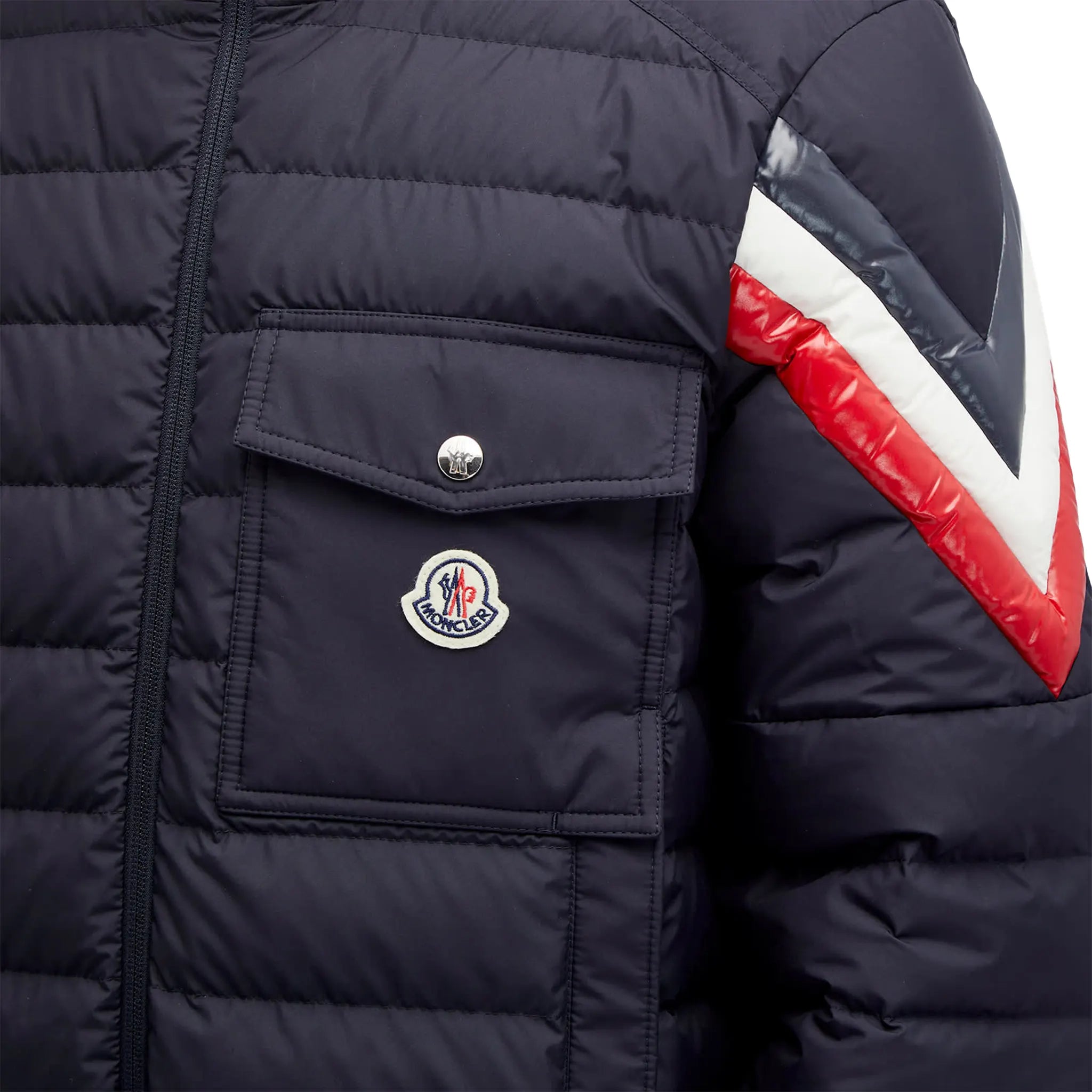 Model detail view of Moncler Berard Navy Jacket J10911A0001254A81