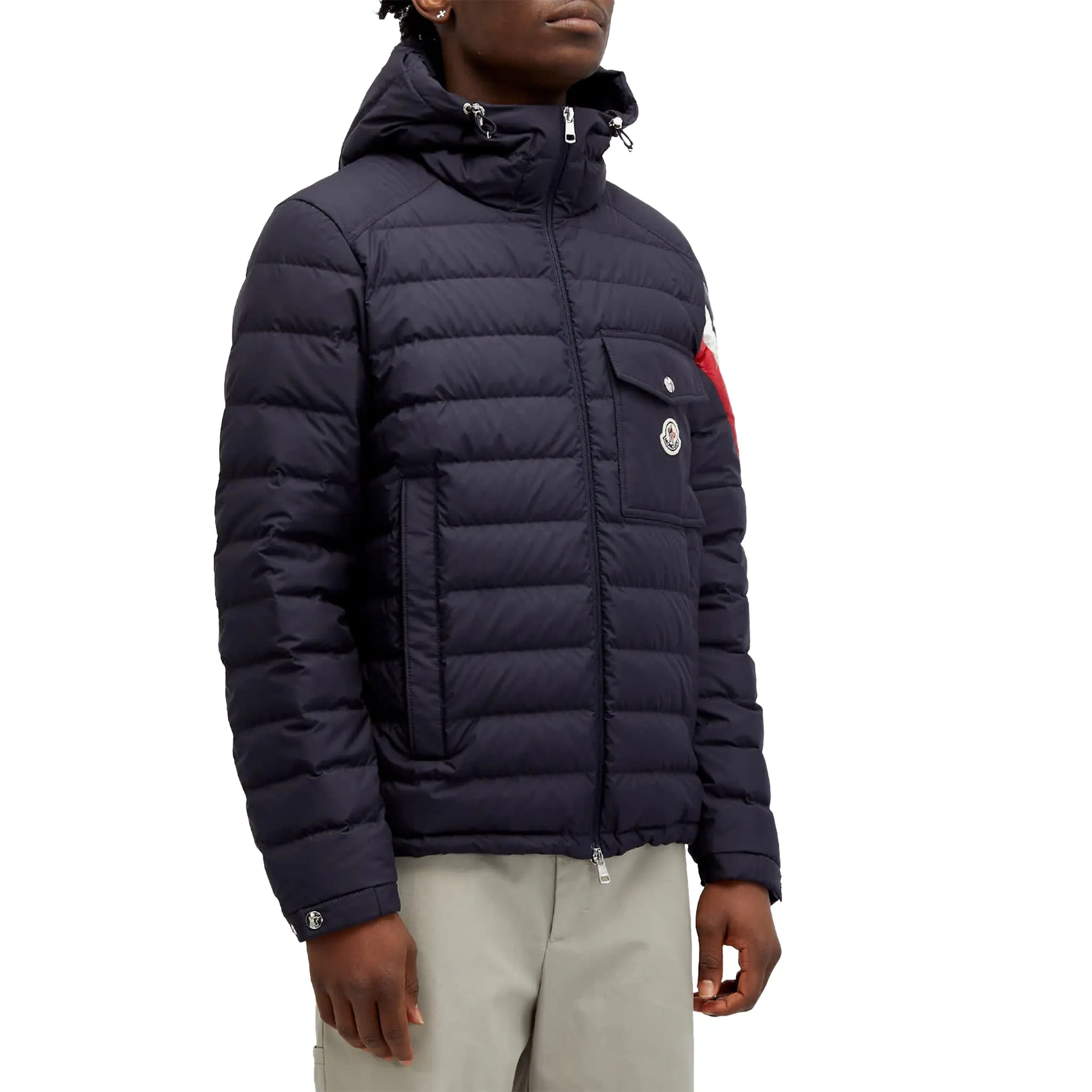 Model front view of Moncler Berard Navy Jacket J10911A0001254A81