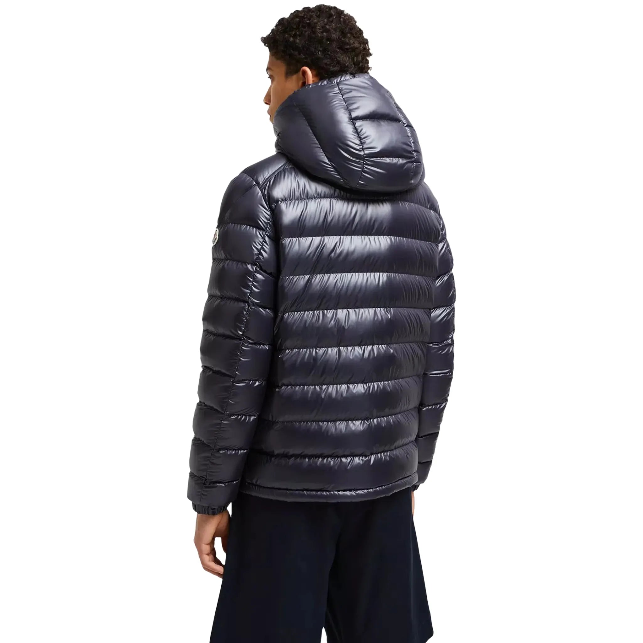 Model back view of Moncler Besines Navy Short Down Jacket J20911A00003597EX779