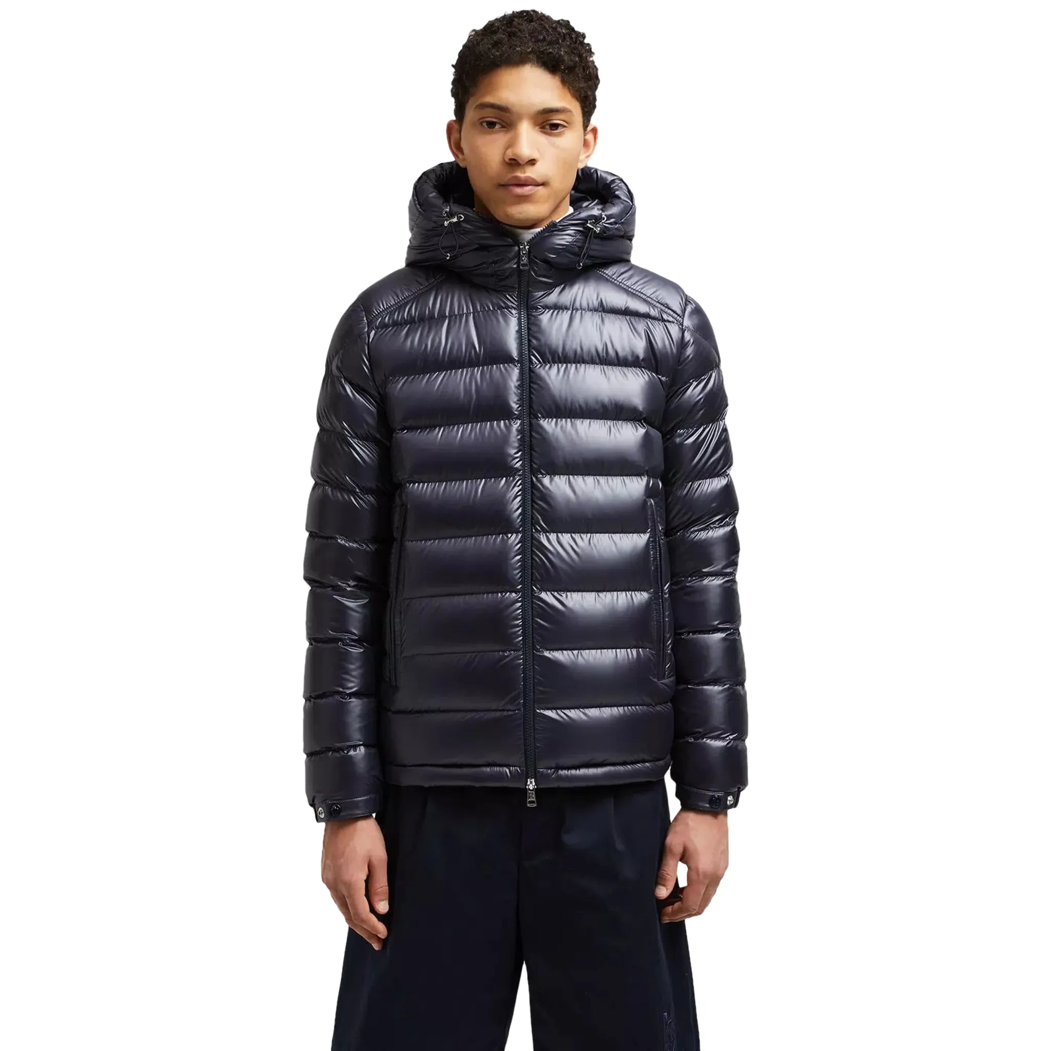 Model front view of Moncler Besines Navy Short Down Jacket J20911A00003597EX779