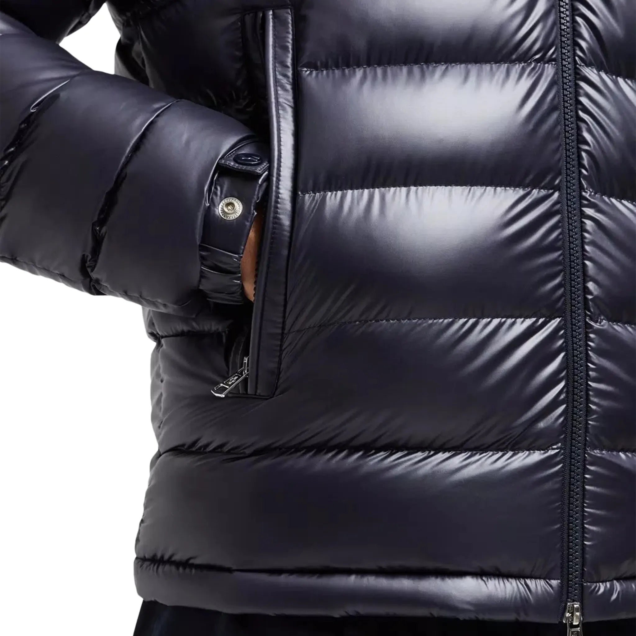 Model pocket view of Moncler Besines Navy Short Down Jacket J20911A00003597EX779