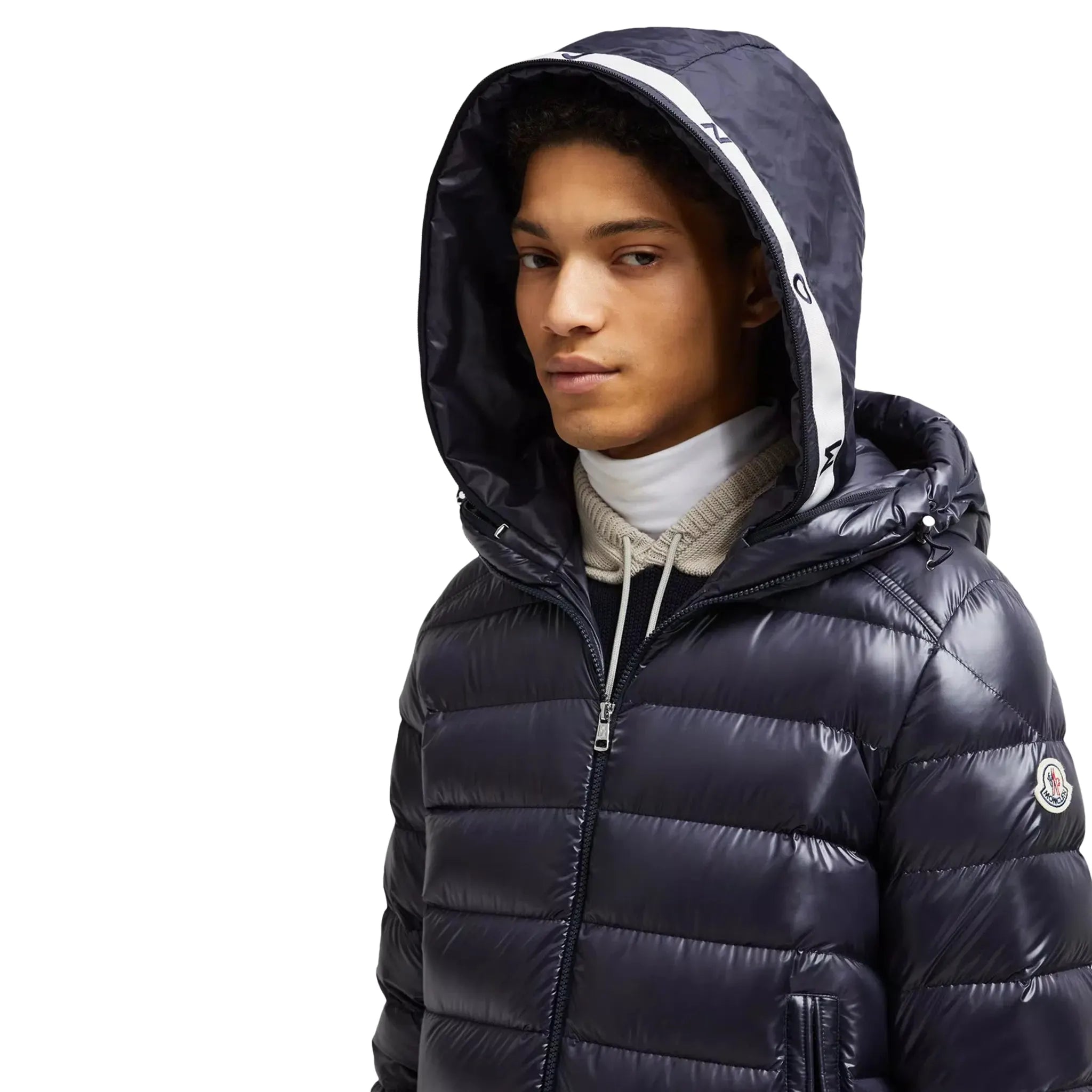 Model detail view of Moncler Besines Navy Short Down Jacket J20911A00003597EX779