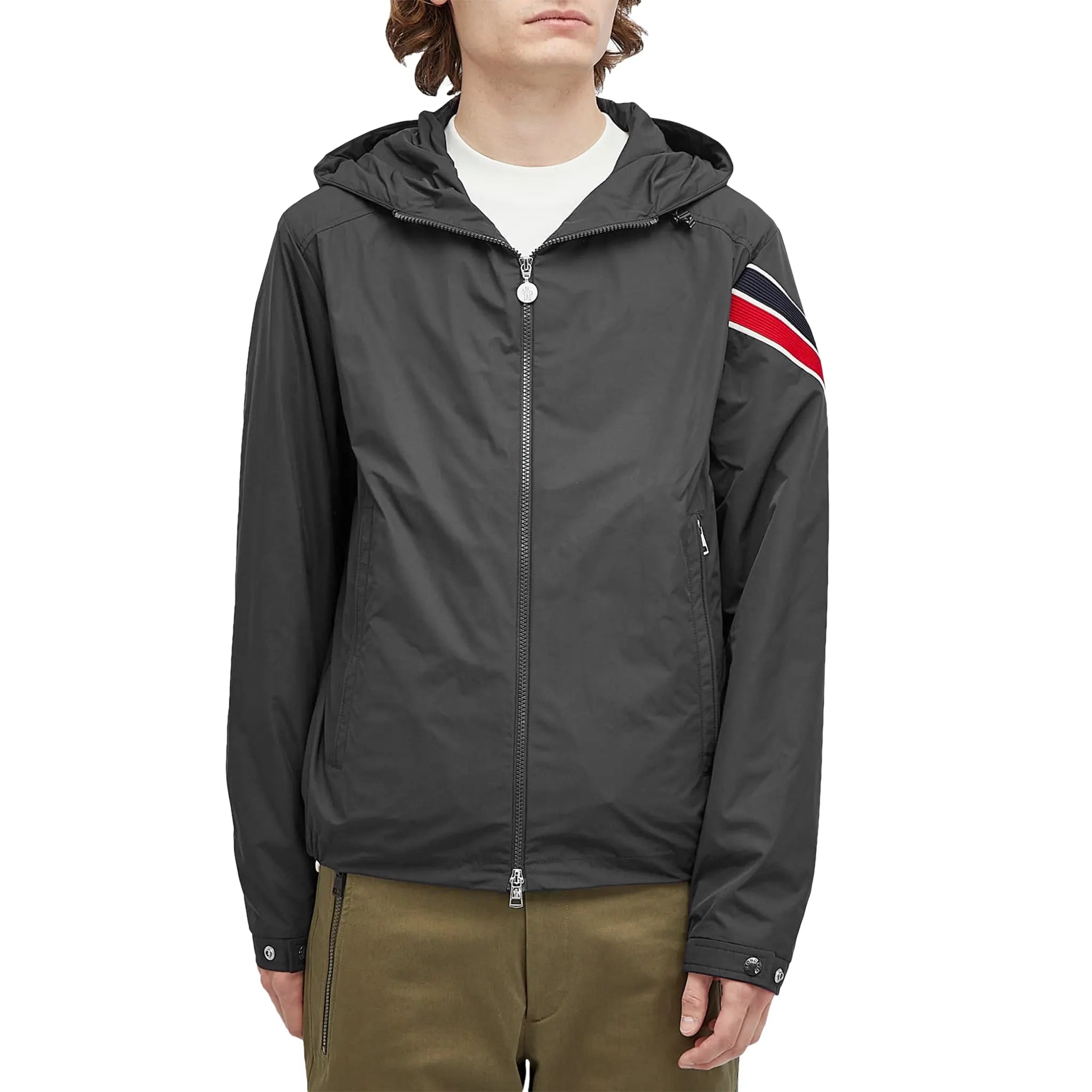 Model front view of Moncler Claut Black Windbreaker J20911A0006754A91999