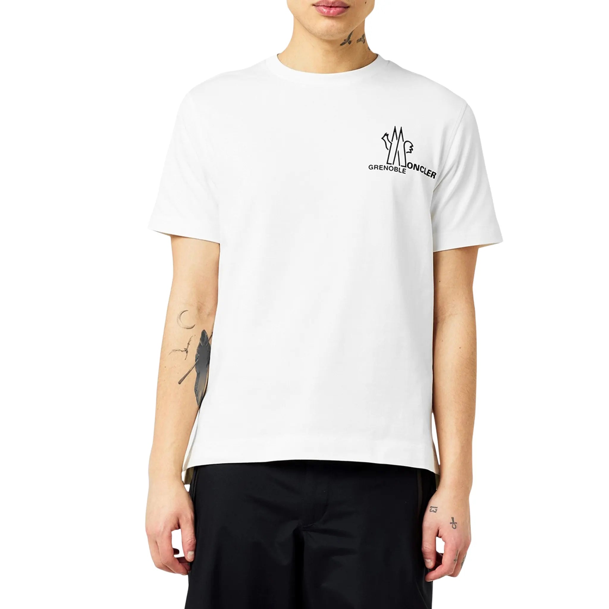 Model front view of Moncler Grenoble Logo White T Shirt J10978C0000283927041